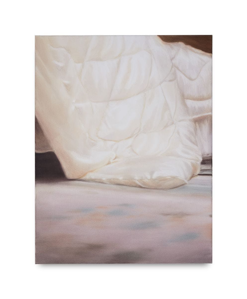 Oil painting by Rachel Lancaster. Depicts part of a white duvet resting on a carpet floor.
