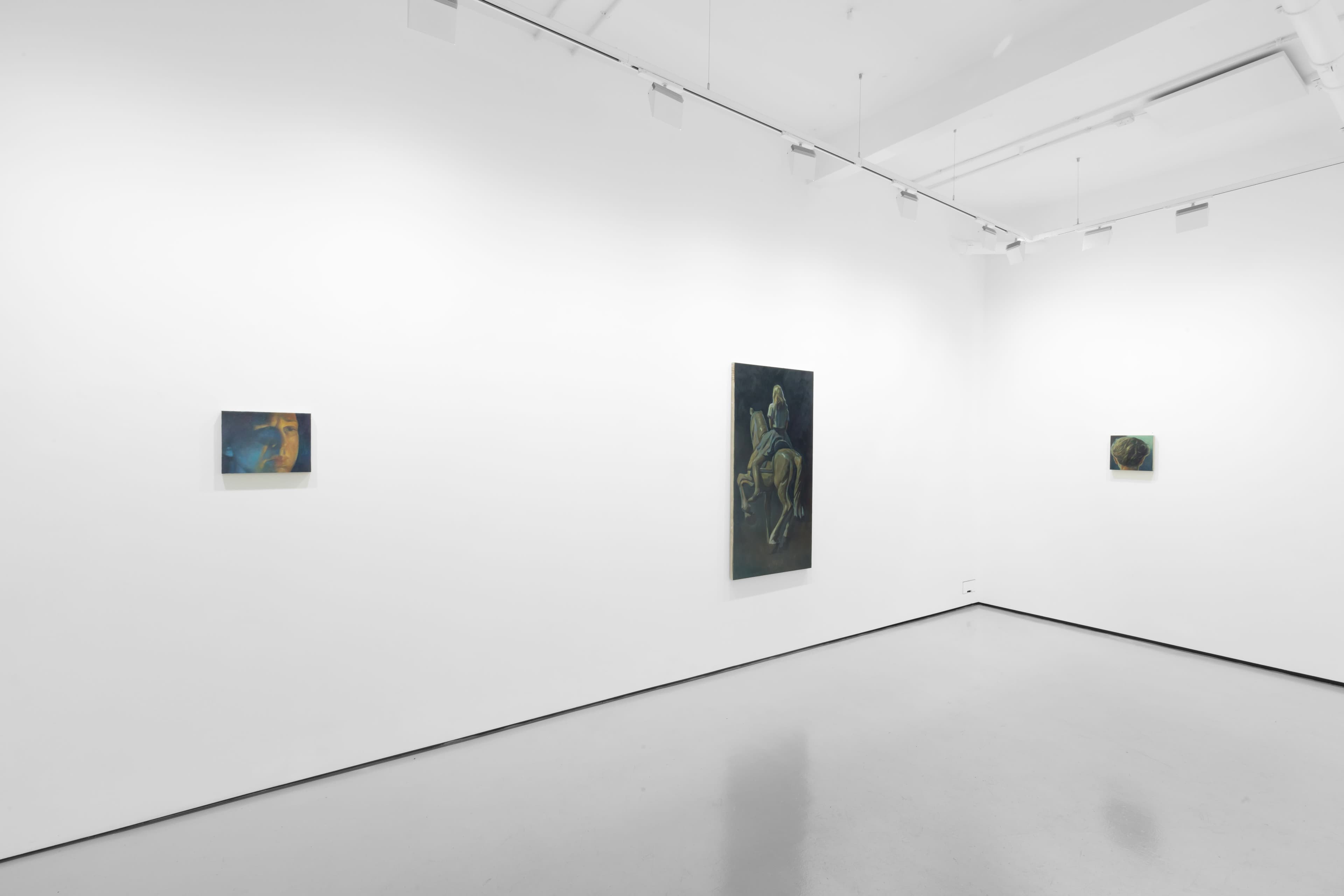 An installation view of Pei Wang's solo exhibition including several dark figurative paintings