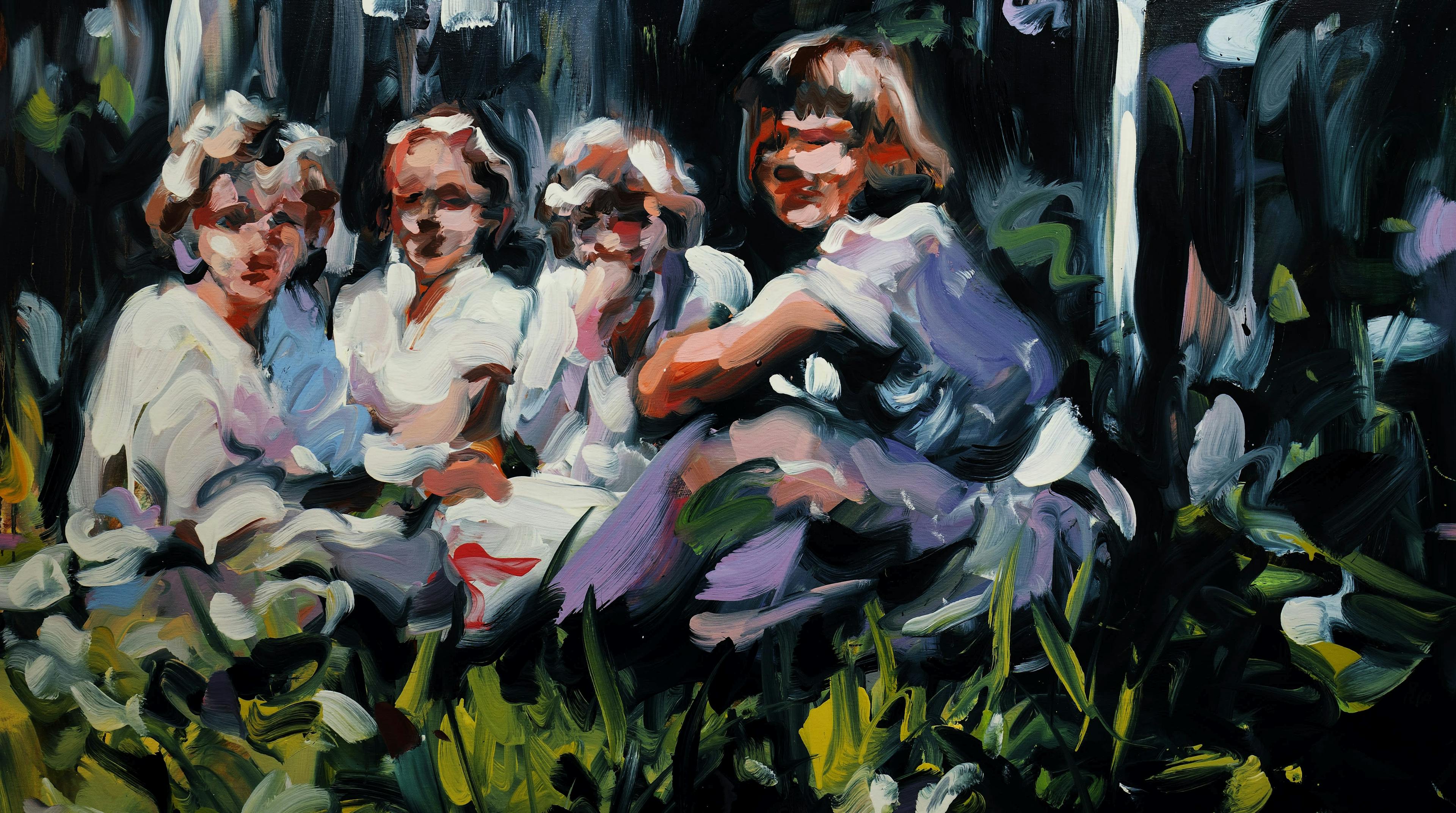 a cropped painting by Laura Lancaster of 4 children sitting in the grass in the woods