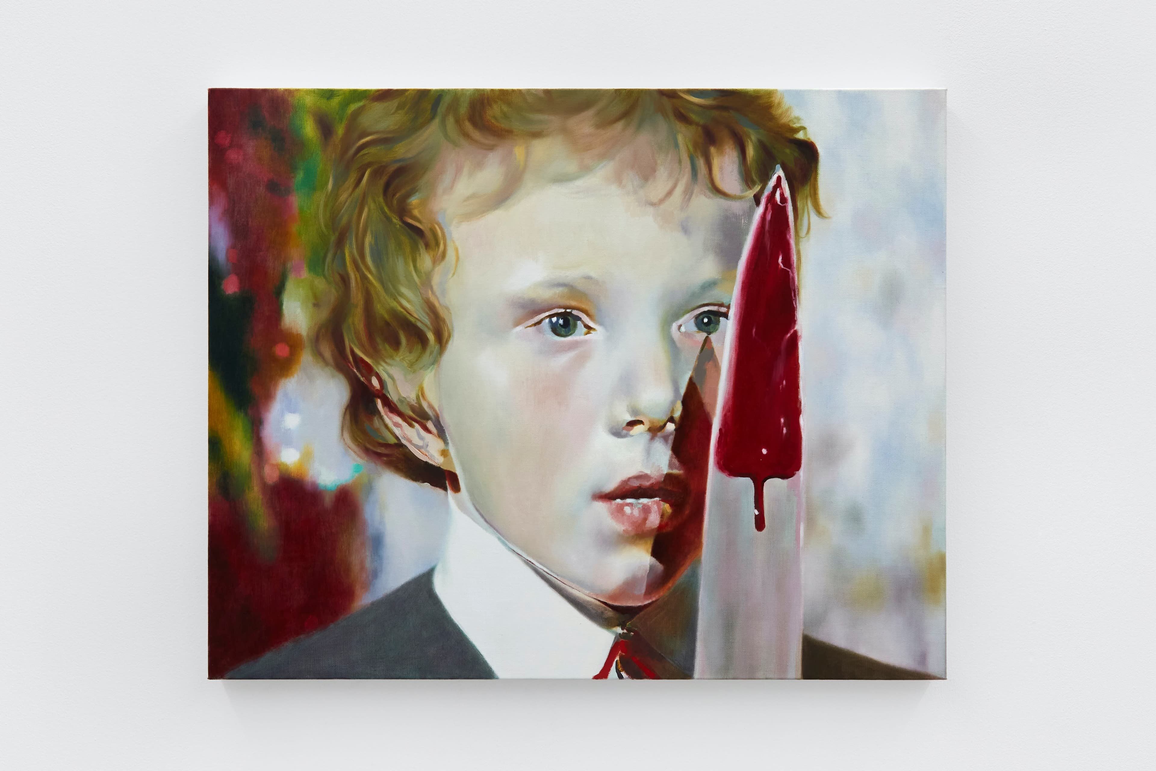 A painting by Robin Megannity of a young boy with a pale complexion staring at a bloody knife held up to his face.