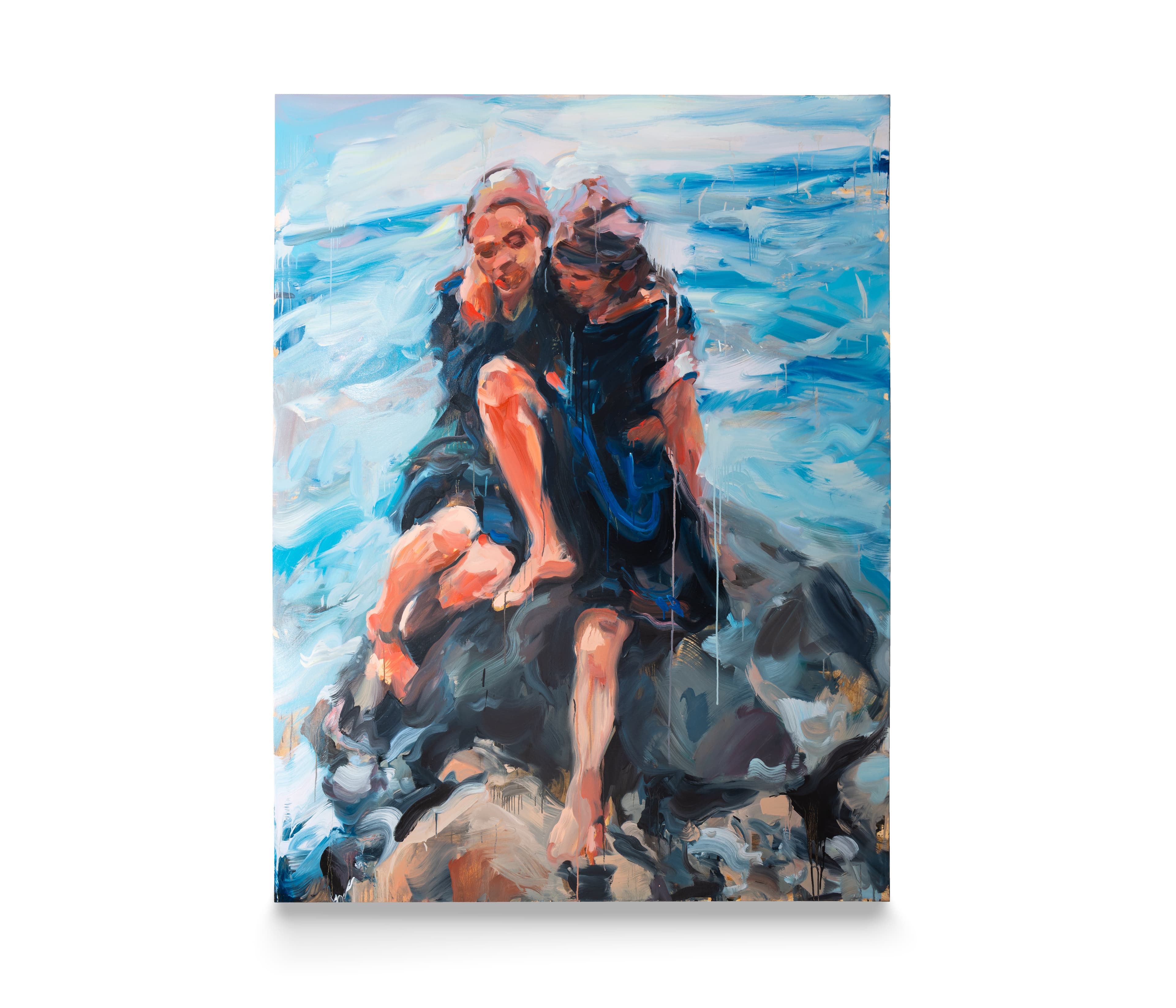 A painting by Laura Lancaster of two women embracing on a rock in front of a body of water