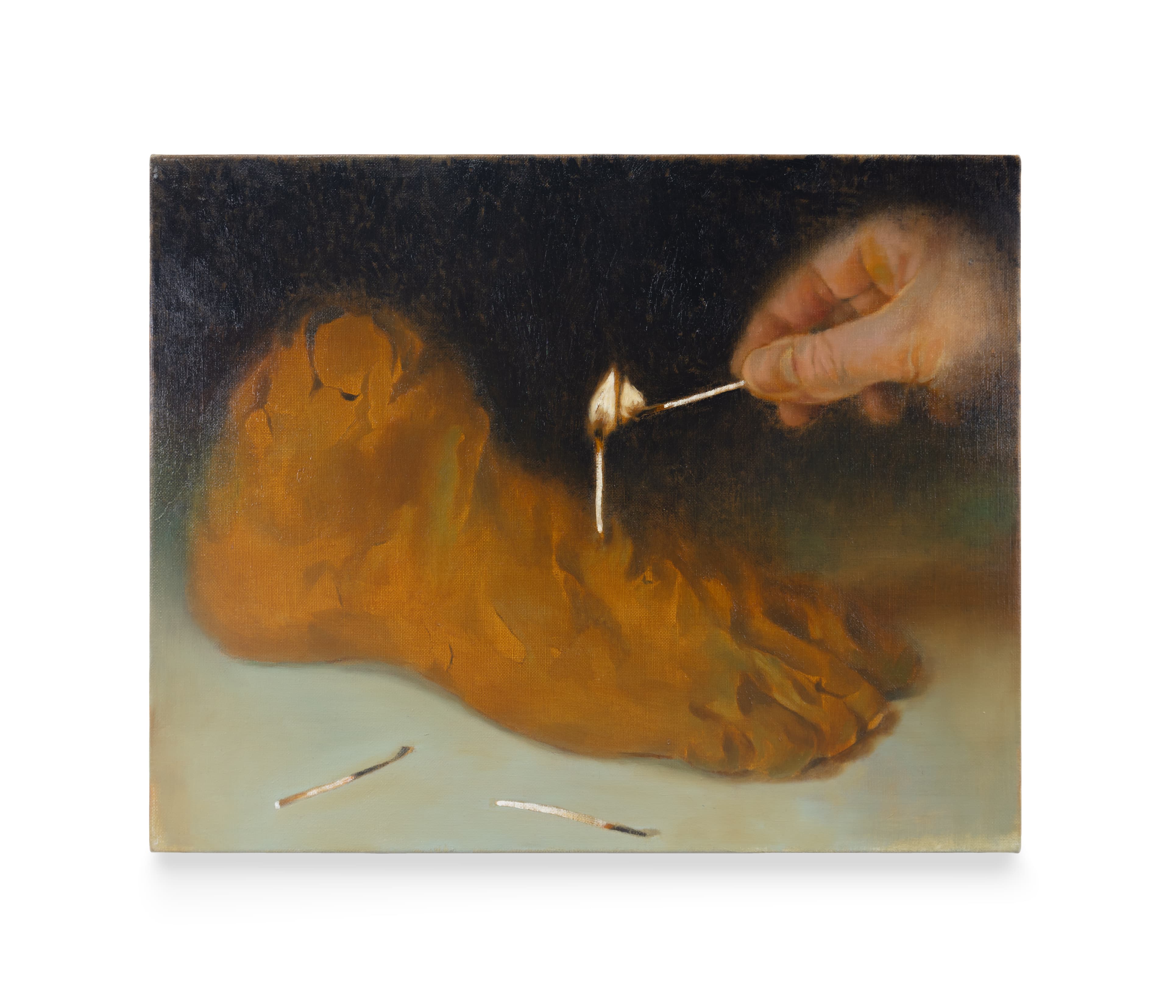 a painting of a hand lighting a match stuck in a clay sculpture of a foot with a match. 