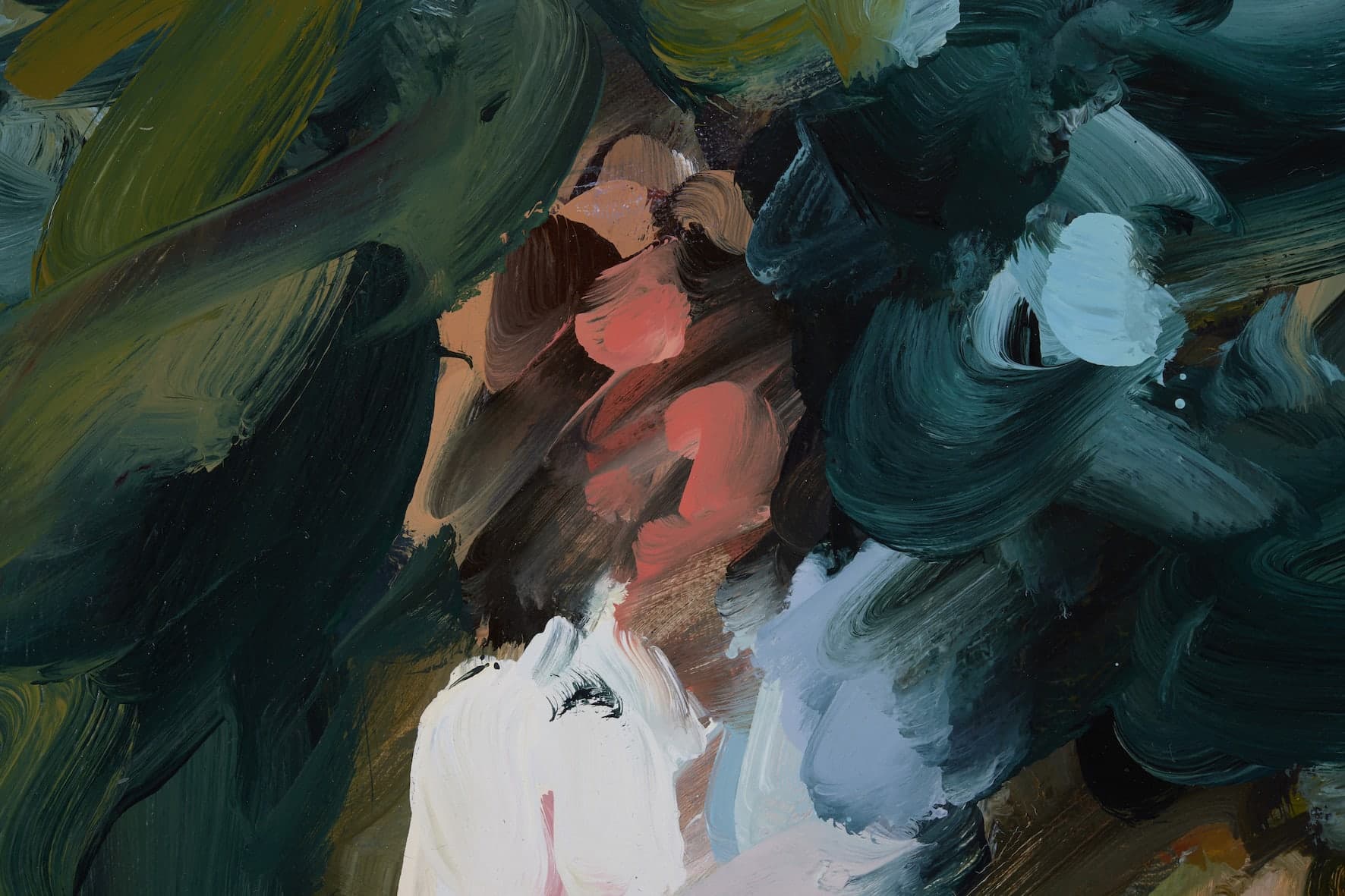 Painting of woman sat next to a body of water painted in loose brushstrokes.