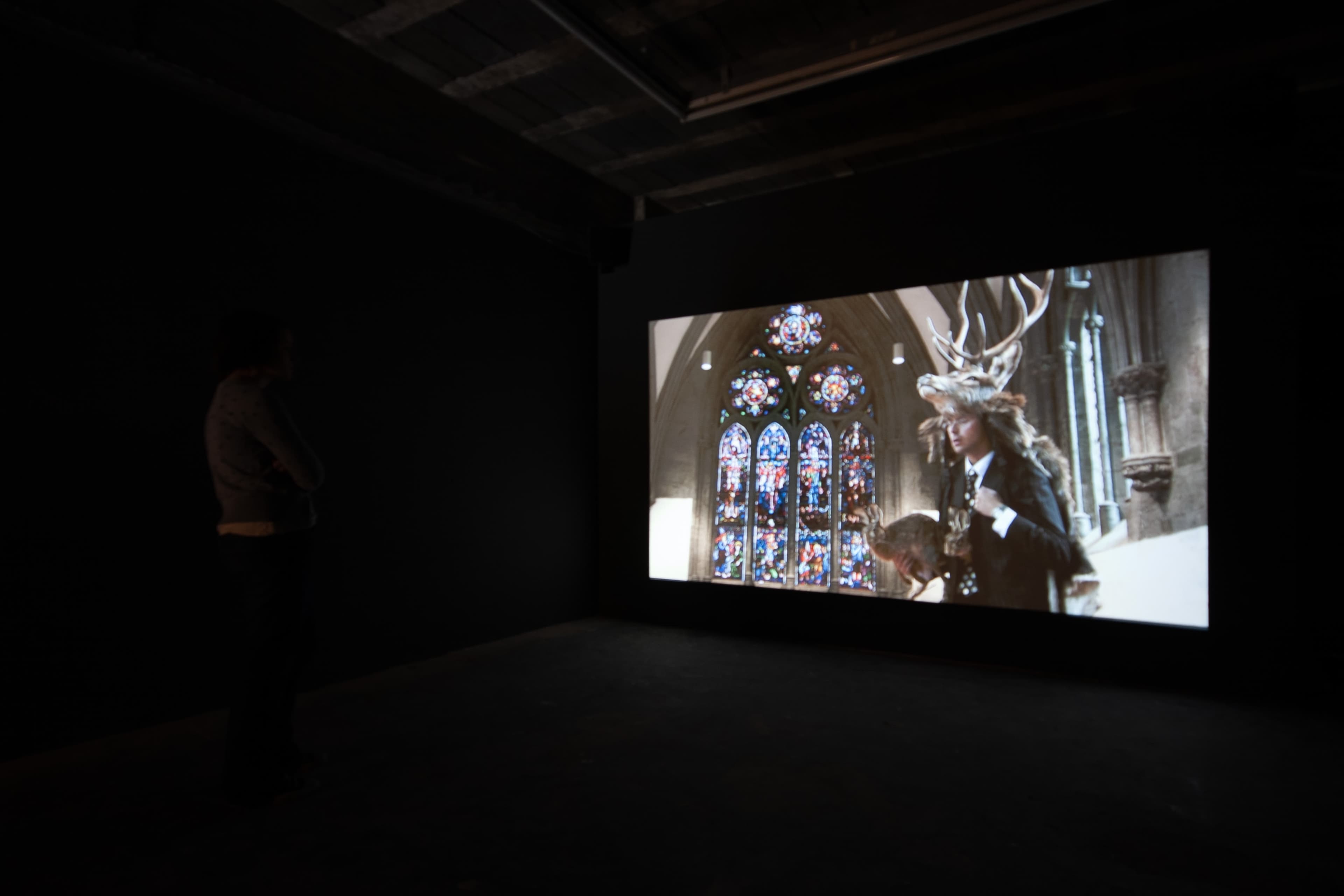 Installation shots of False Witness - an exhibition of artworks by Eric Bainbridge, Marcus Coates, Francis Gomila, Laura Lancaster, Ant Macari, and Cecilia Stenbom at Workplace in Gateshead