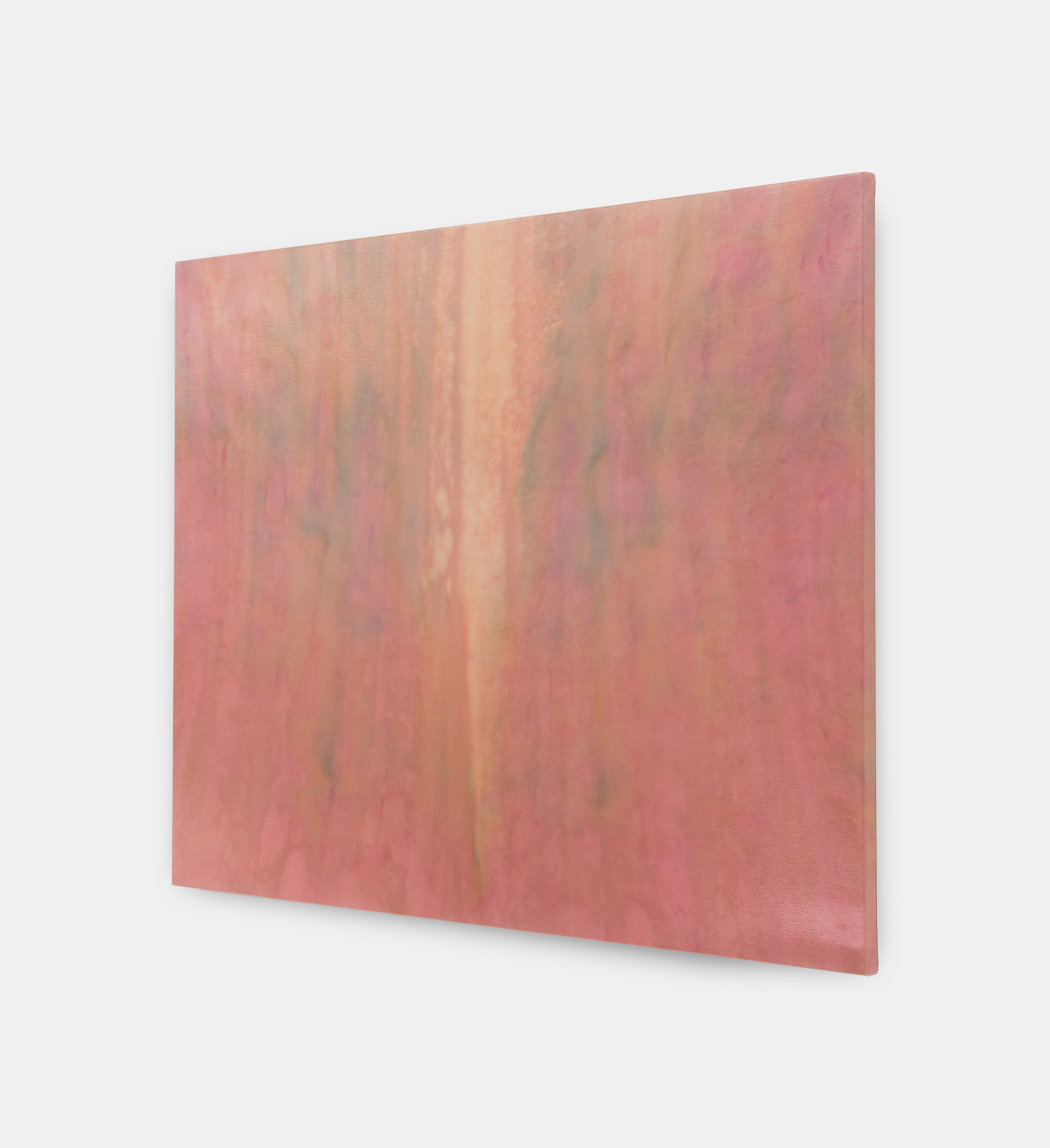 Medium sized painting by Max Boyla. Salmon pink background with marbled markings on the left and right hand side of the canvas divided by a light pink bleached line.