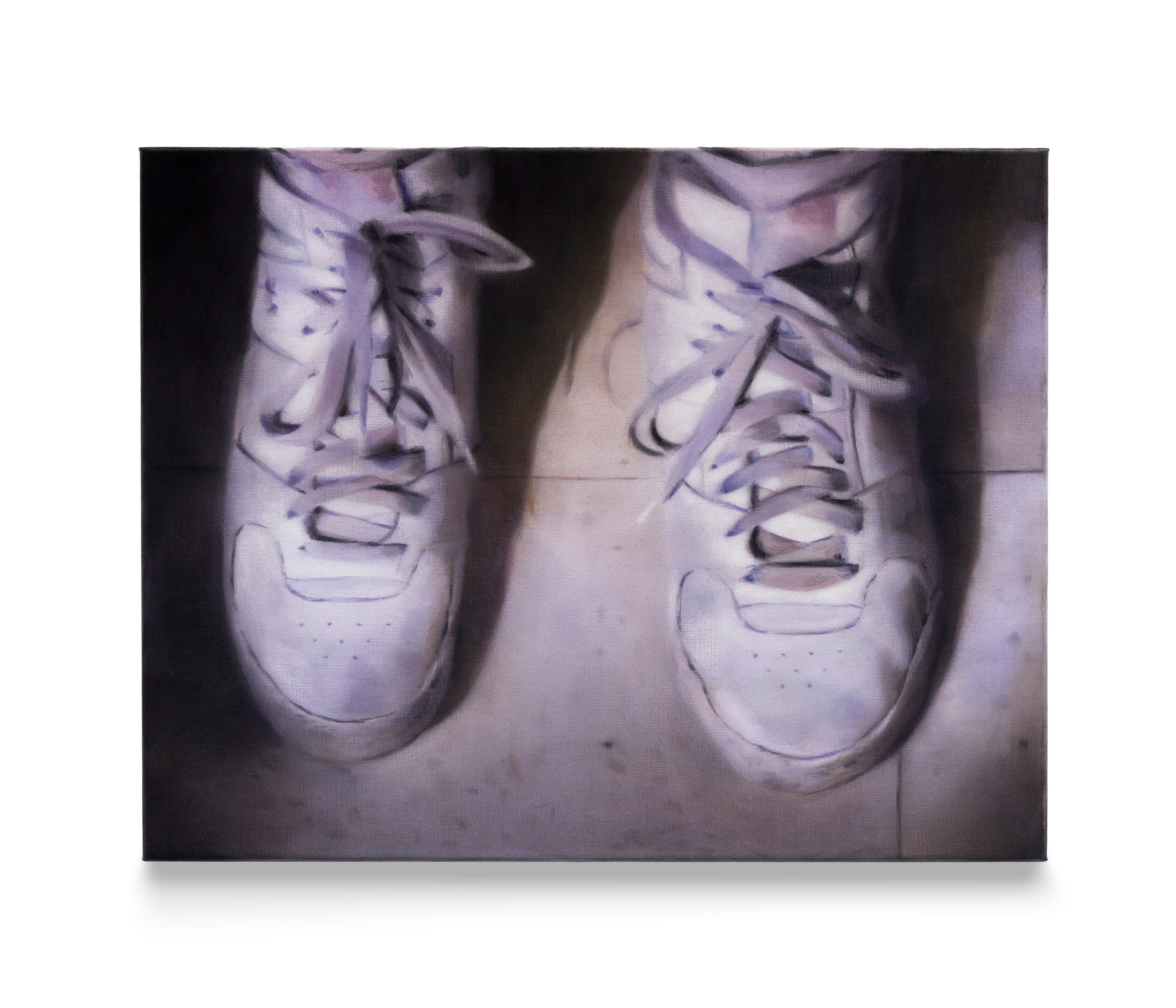 A painting of a pair of white training shoes from above