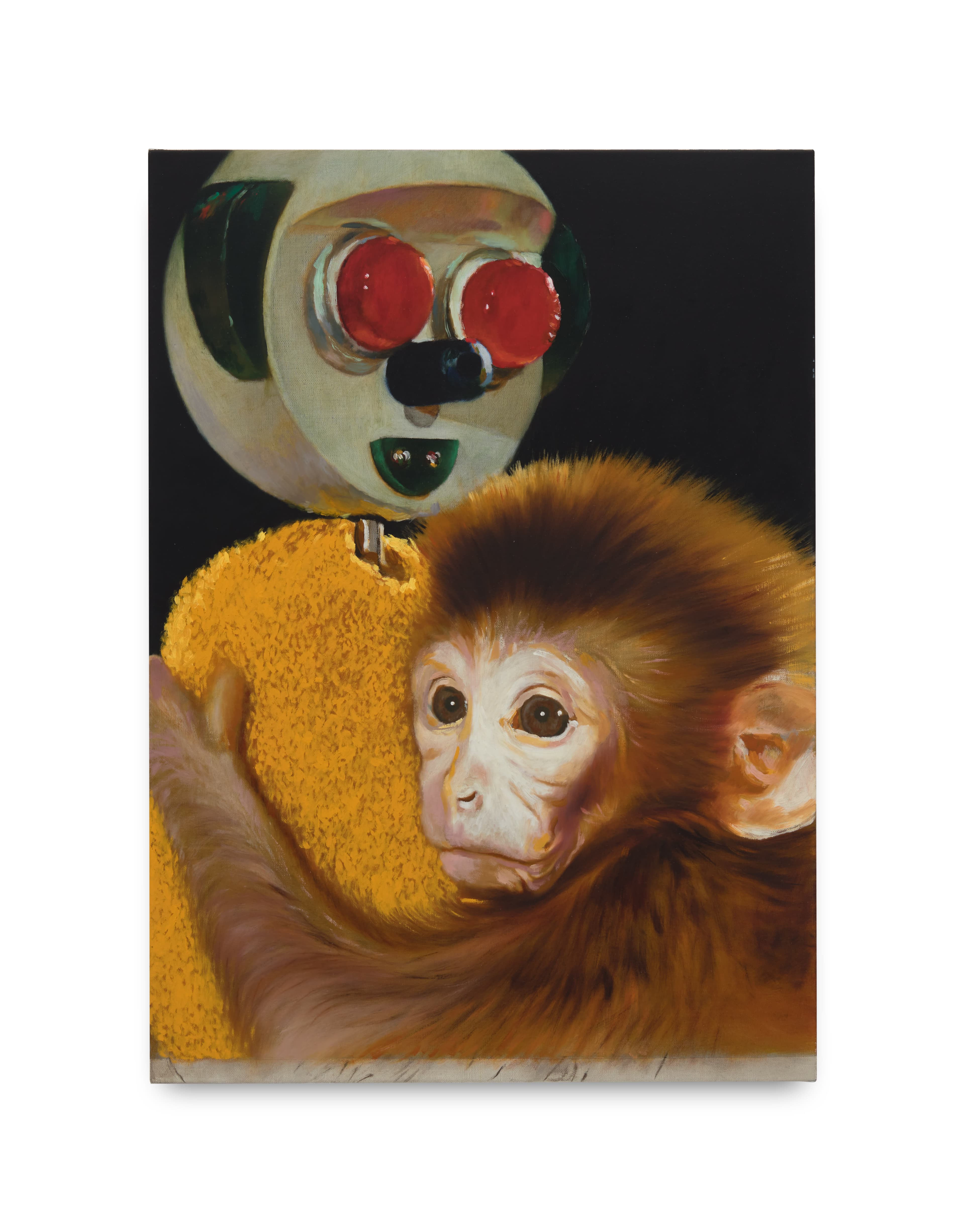 Oil on linen painting of a monkey hugging a toy