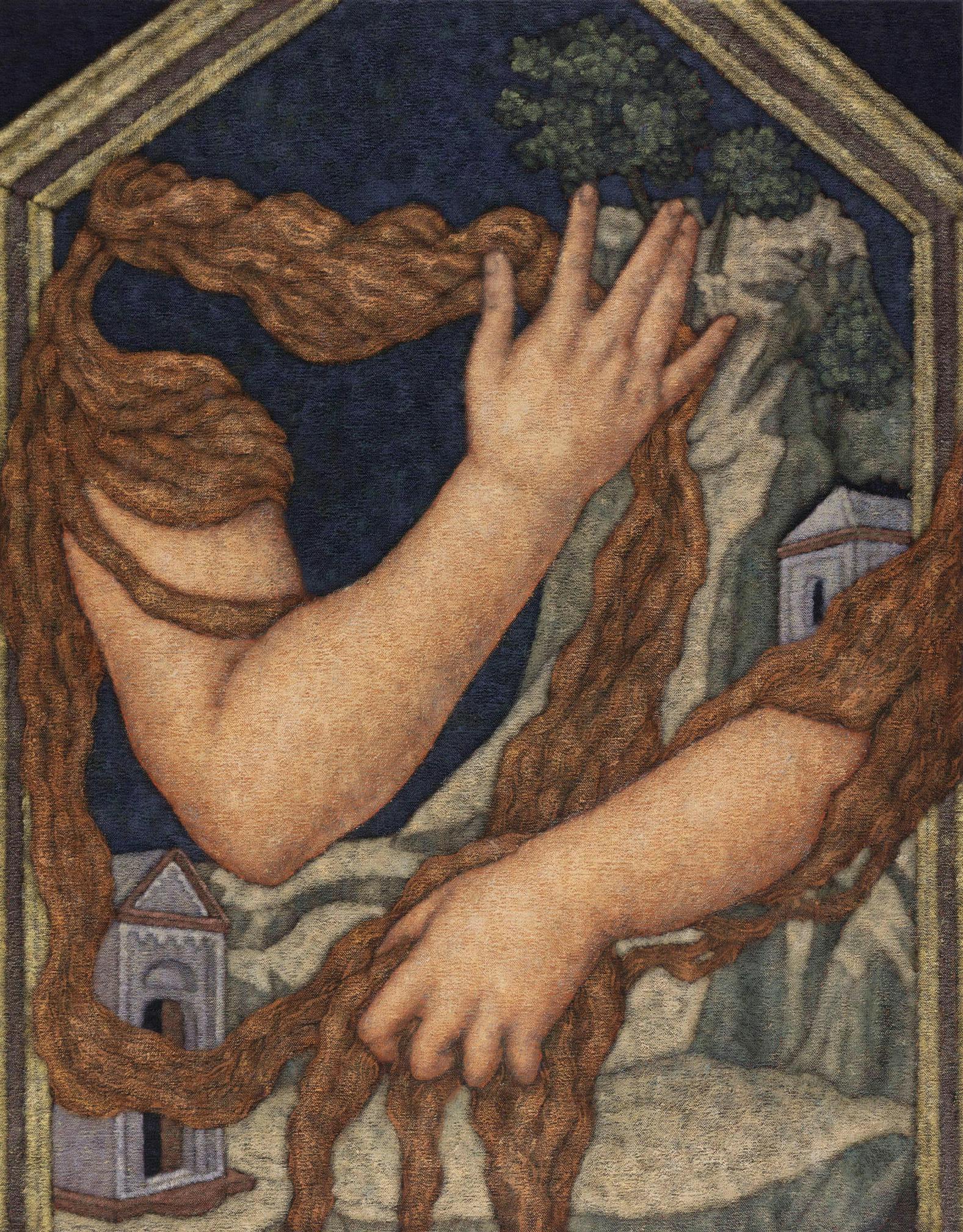 A detail of a painting by Jennifer Carvalho of two hands grasping onto long tangled lengths of hair against the backdrop of a rocky landscape with two small structures