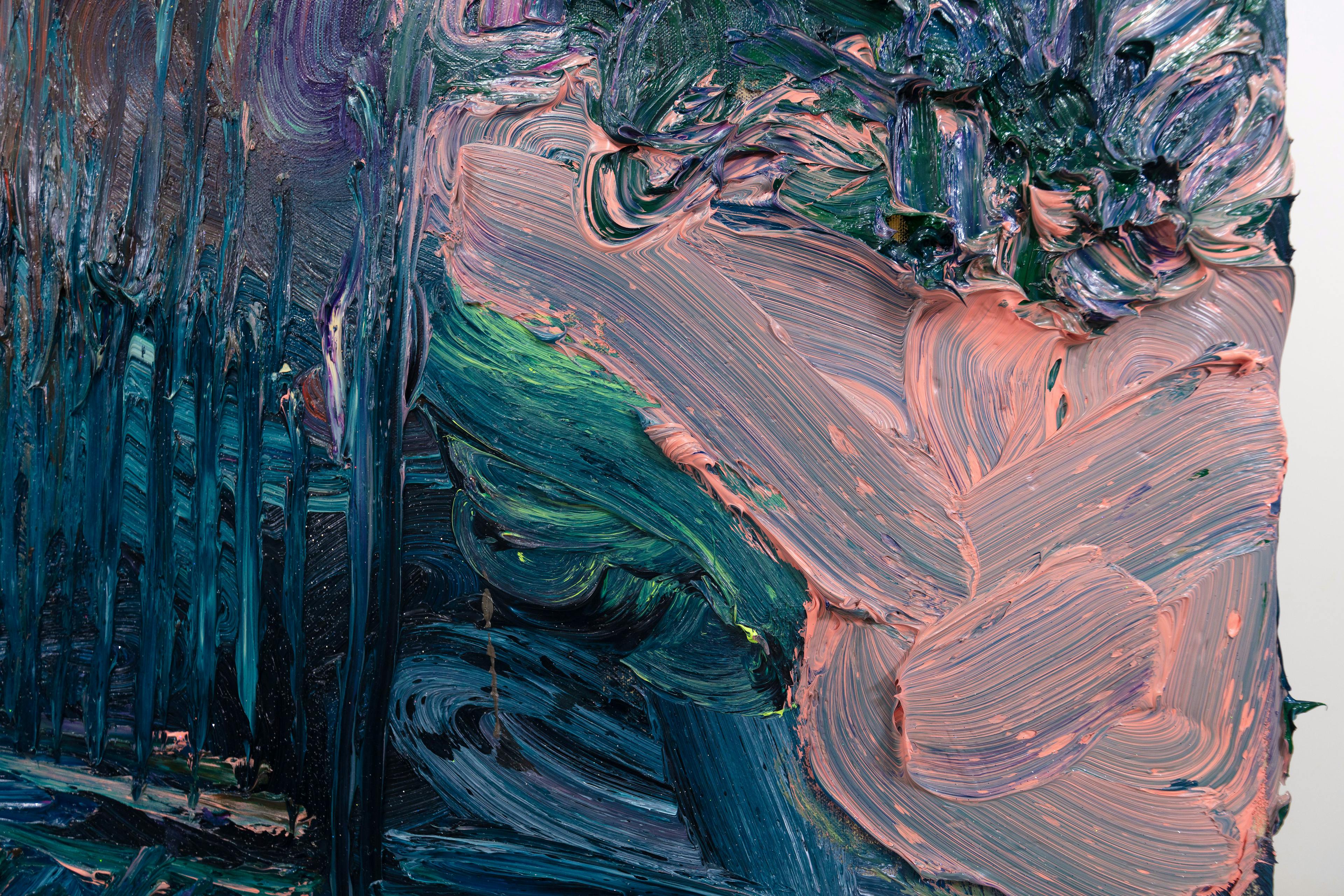 a colourful gestural abstract painting with phallic forms