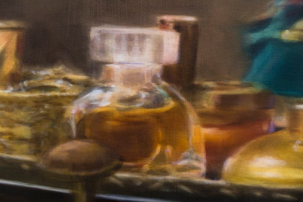 A detail of a painting by Rachel Lancaster of glass bottles and containers