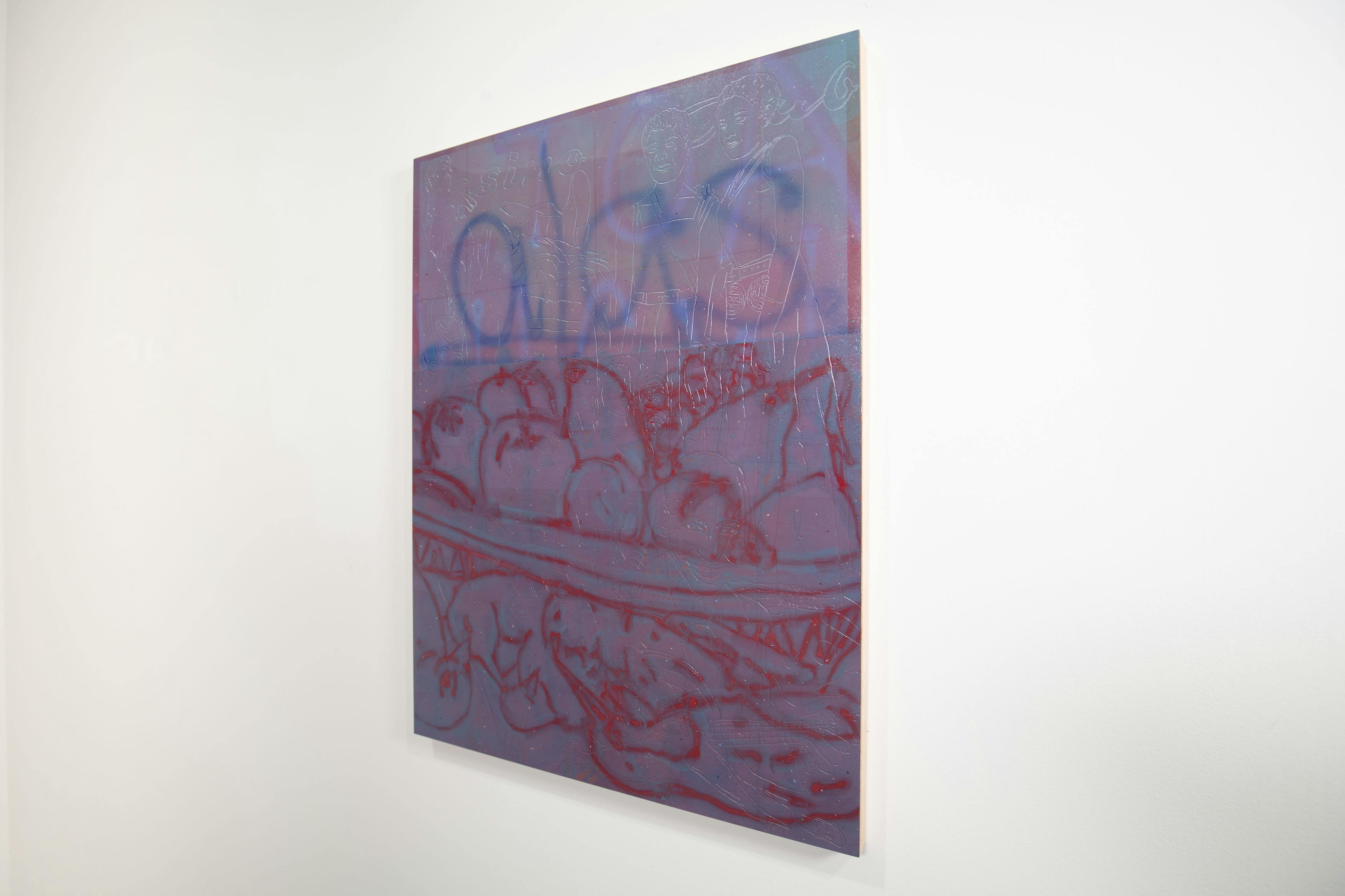 painting by Alistair Woods on board, a spray painted outline of a bowl of fruit with dead birds beneath, with the work 'alas' in blue above it. Underneath this are routed images from contemporary life. 