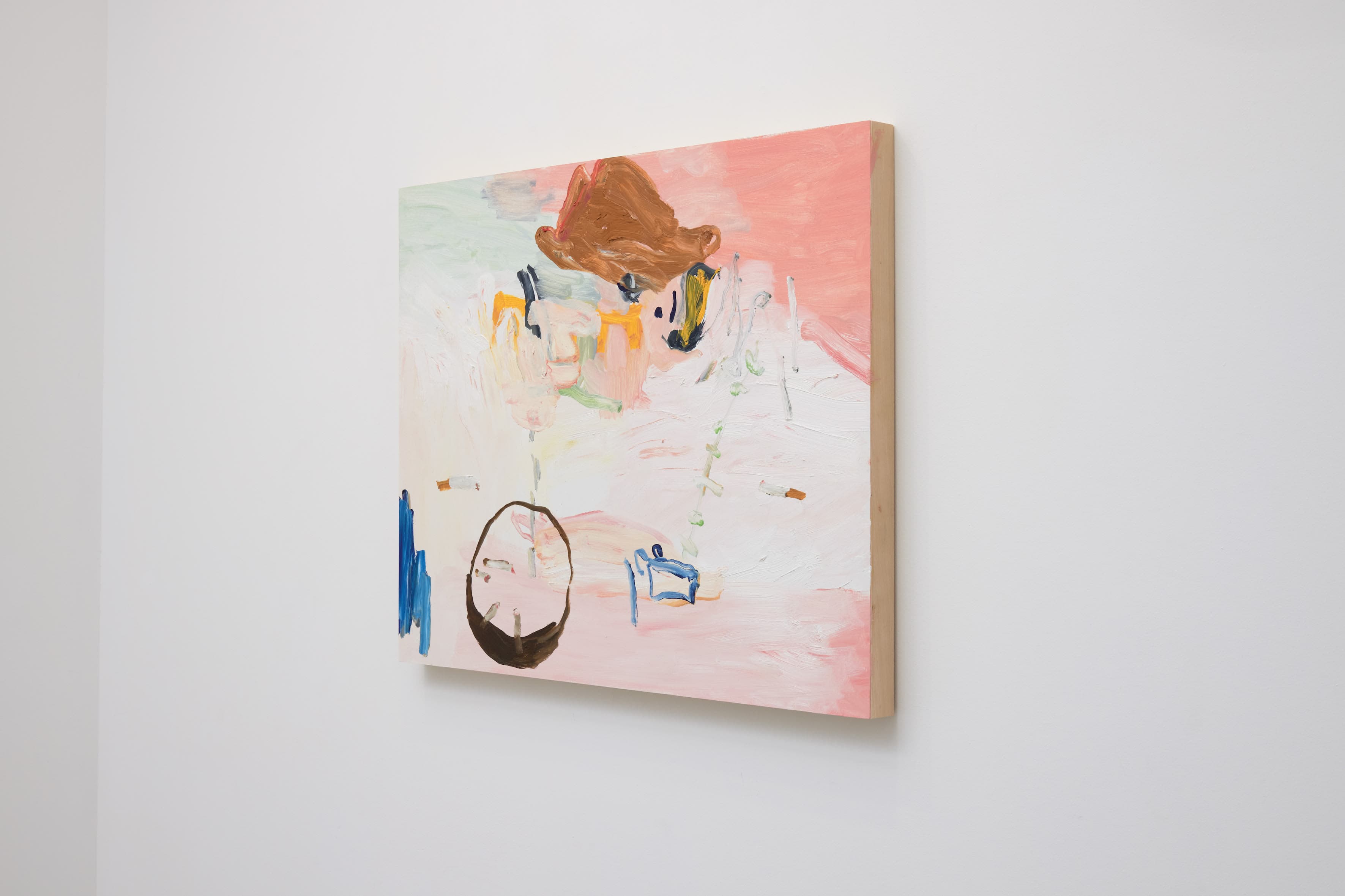 A painting by b chehayeb of a cowboy hat, cigarettes and other abstracted forms set against a loosely gestural pink background.