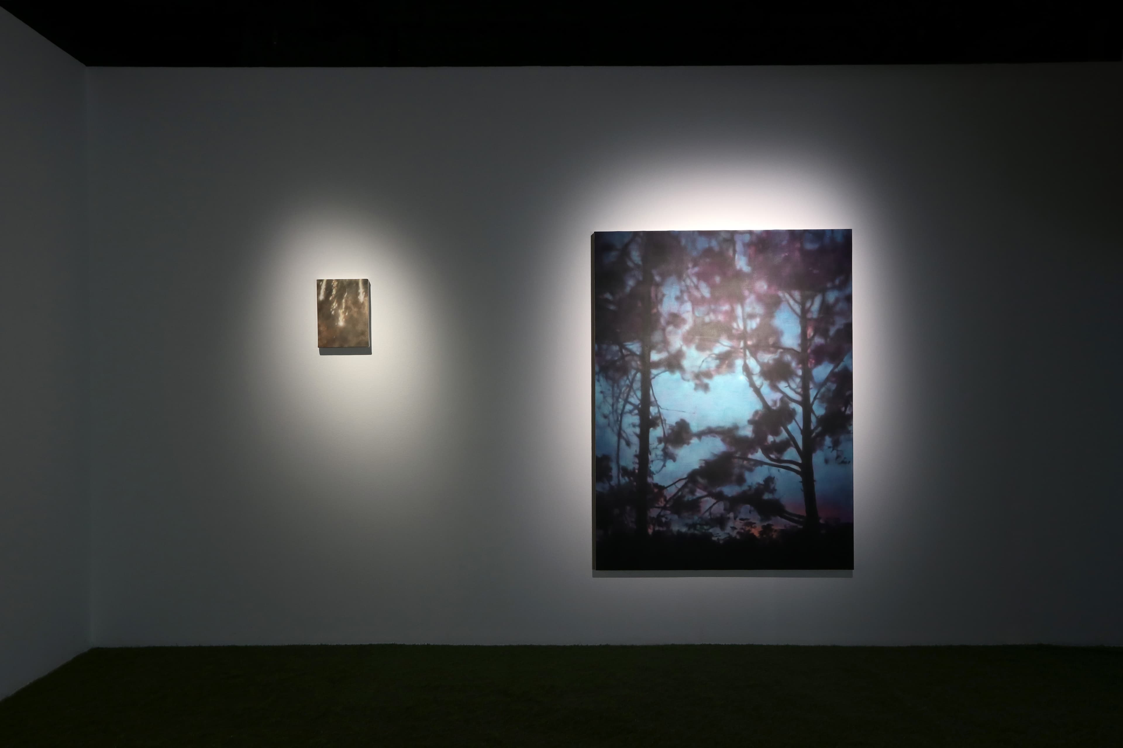 Installation view of a dark room with paintings by James Prapaithong softly spotlit