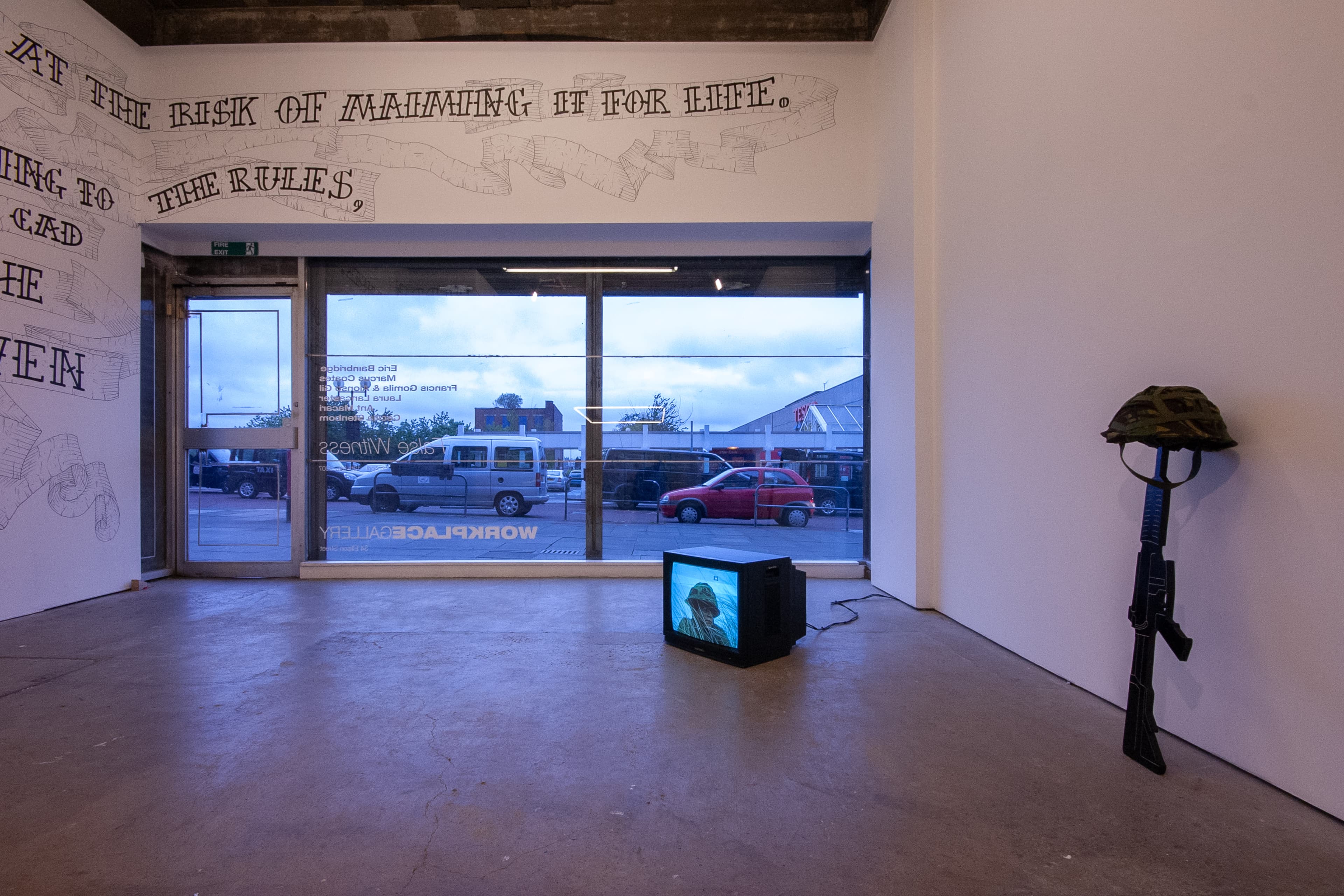 Installation shots of False Witness - an exhibition of artworks by Eric Bainbridge, Marcus Coates, Francis Gomila, Laura Lancaster, Ant Macari, and Cecilia Stenbom at Workplace in Gateshead