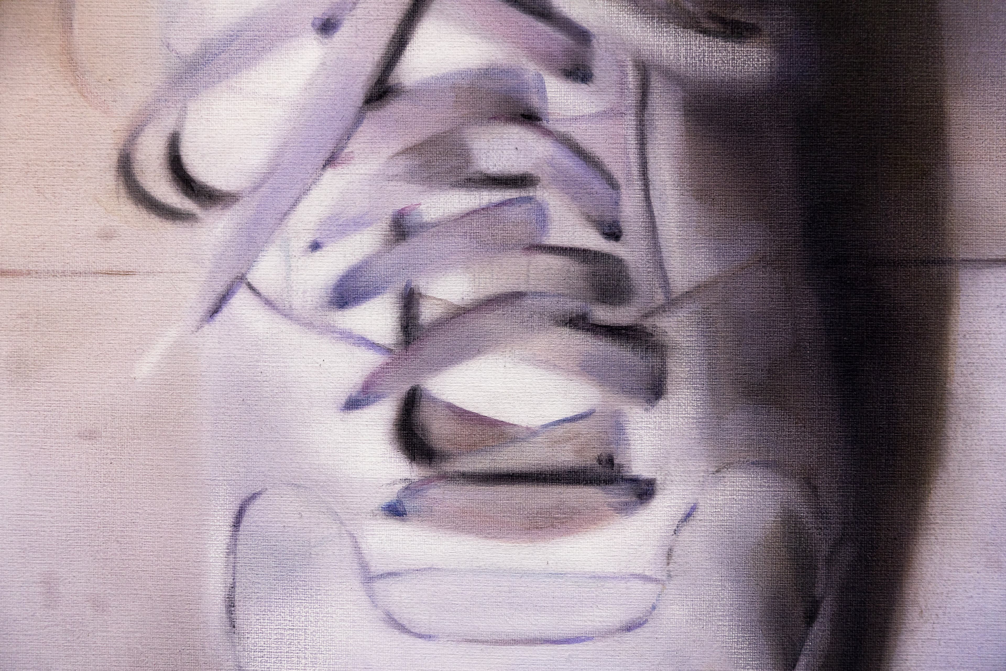 Detail shot of a painting of a pair of white training shoes from above