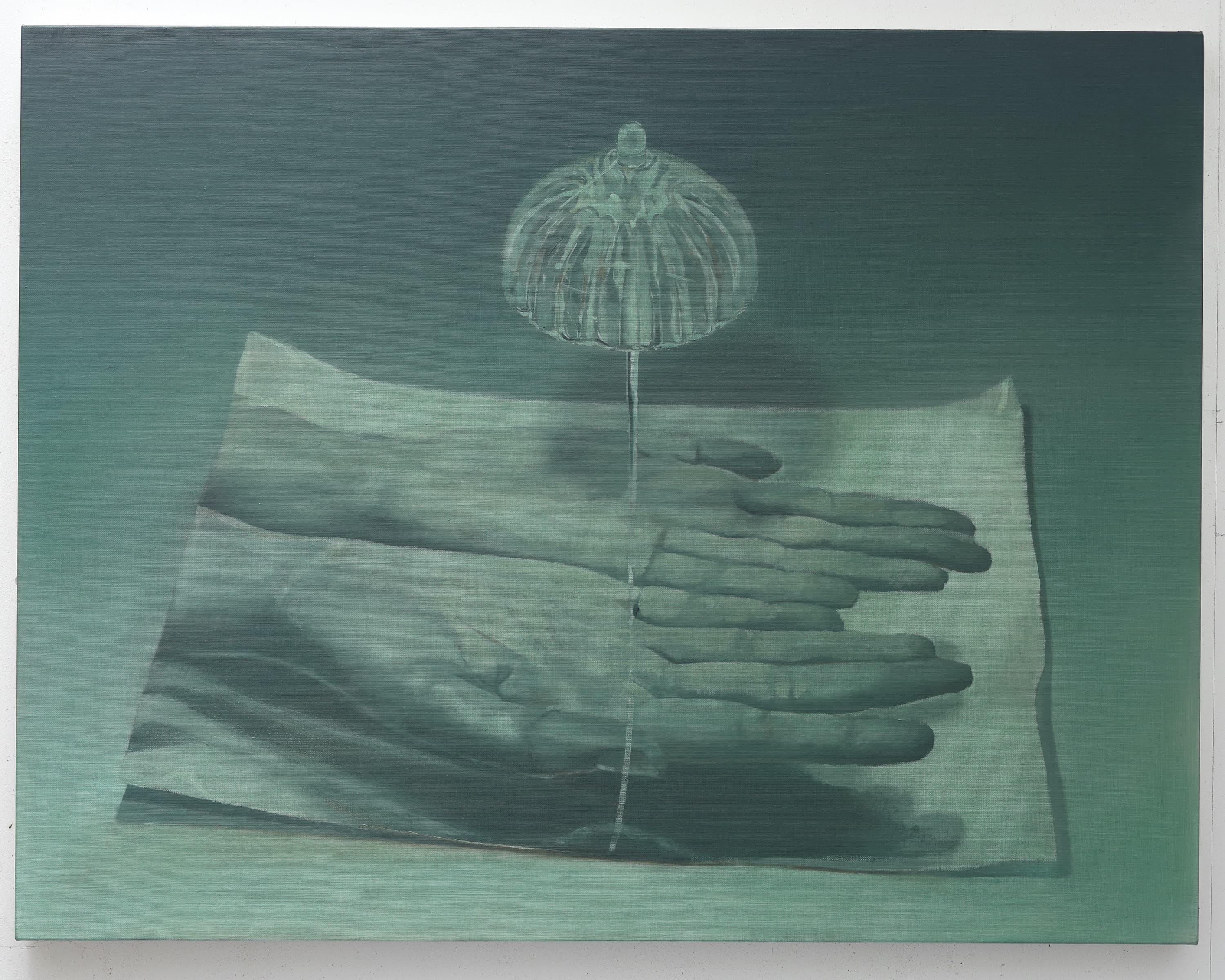 A painting by Robin Megannity of a piece of paper of two hands offering up their palms with a glass cocktail umbrella standing upright on the piece of paper