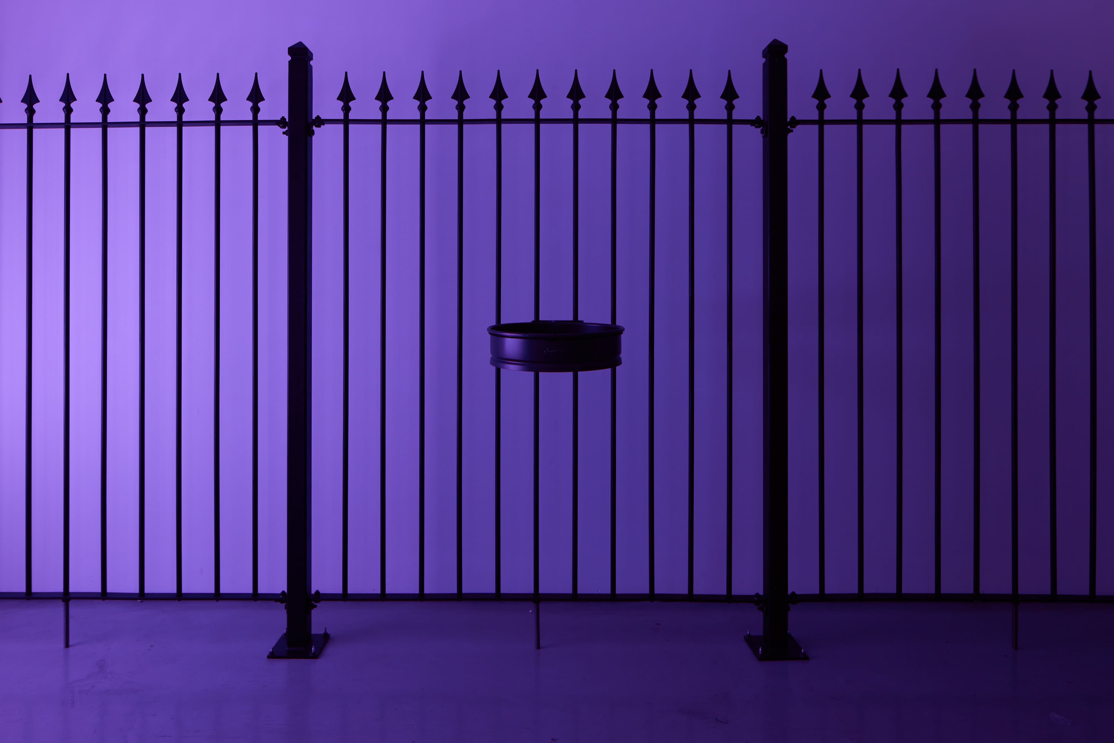 Photograph of ɘɔnɘɔonni Ɉɘɘwƨ llɘwɘяɒʇ, 2023 by Simeon Barclay, consiting of a Metal fence, neon, plastic, metal bin holders, metal fixings. The black metal railings are lit by the purple glow of the neon text. 