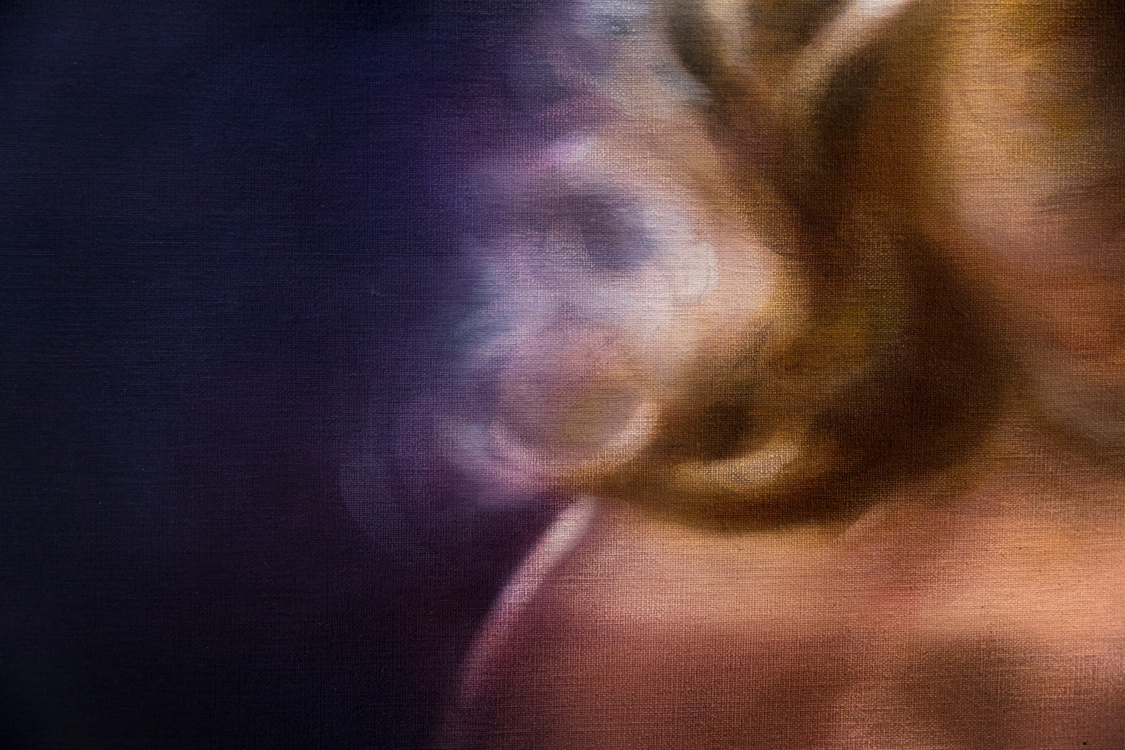 A detail of apainting by Rachel Lancaster of a persons long blonde hair flowing against a dark background