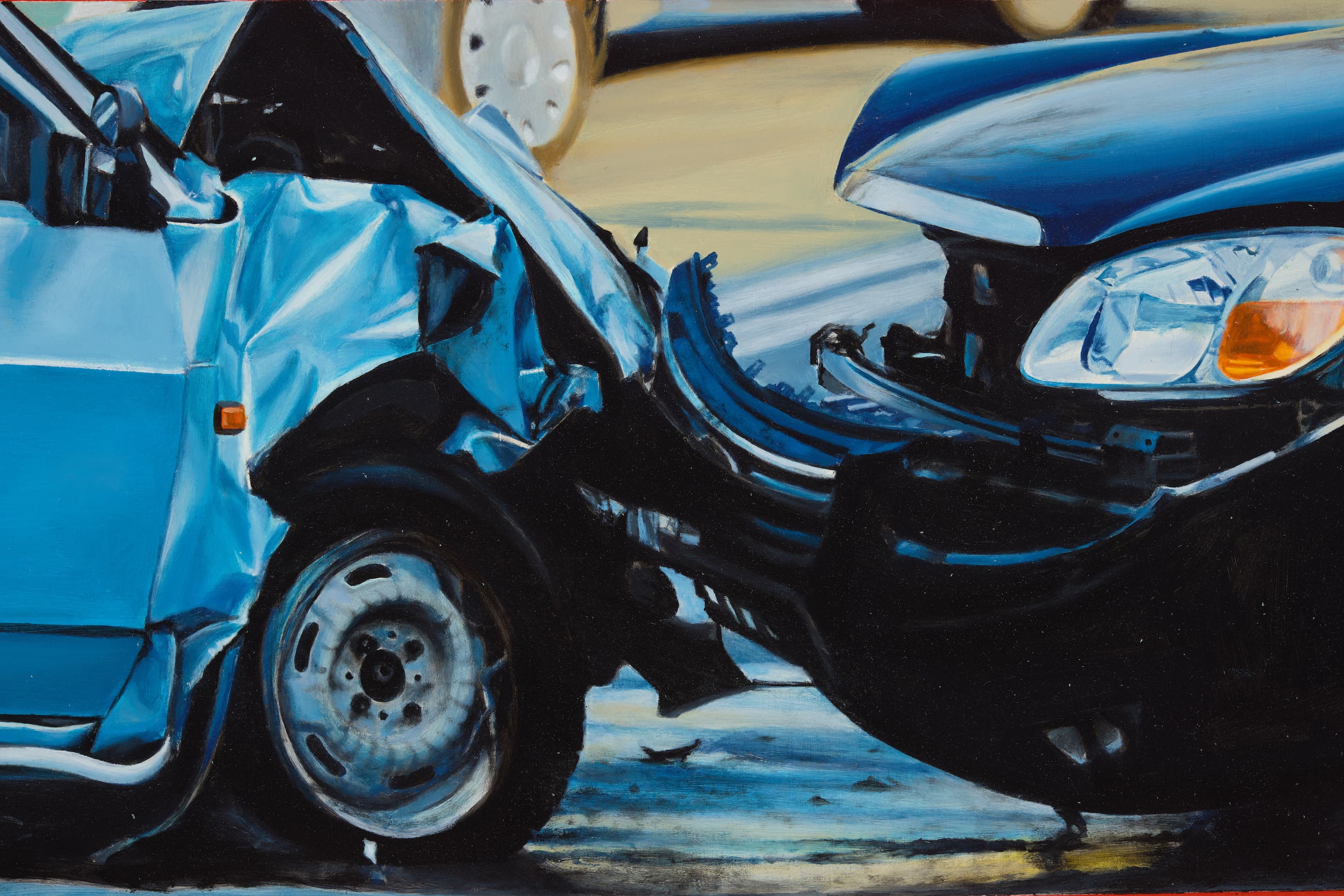 a detail of a painting of two cars after a head on collision by Meredith Sellers