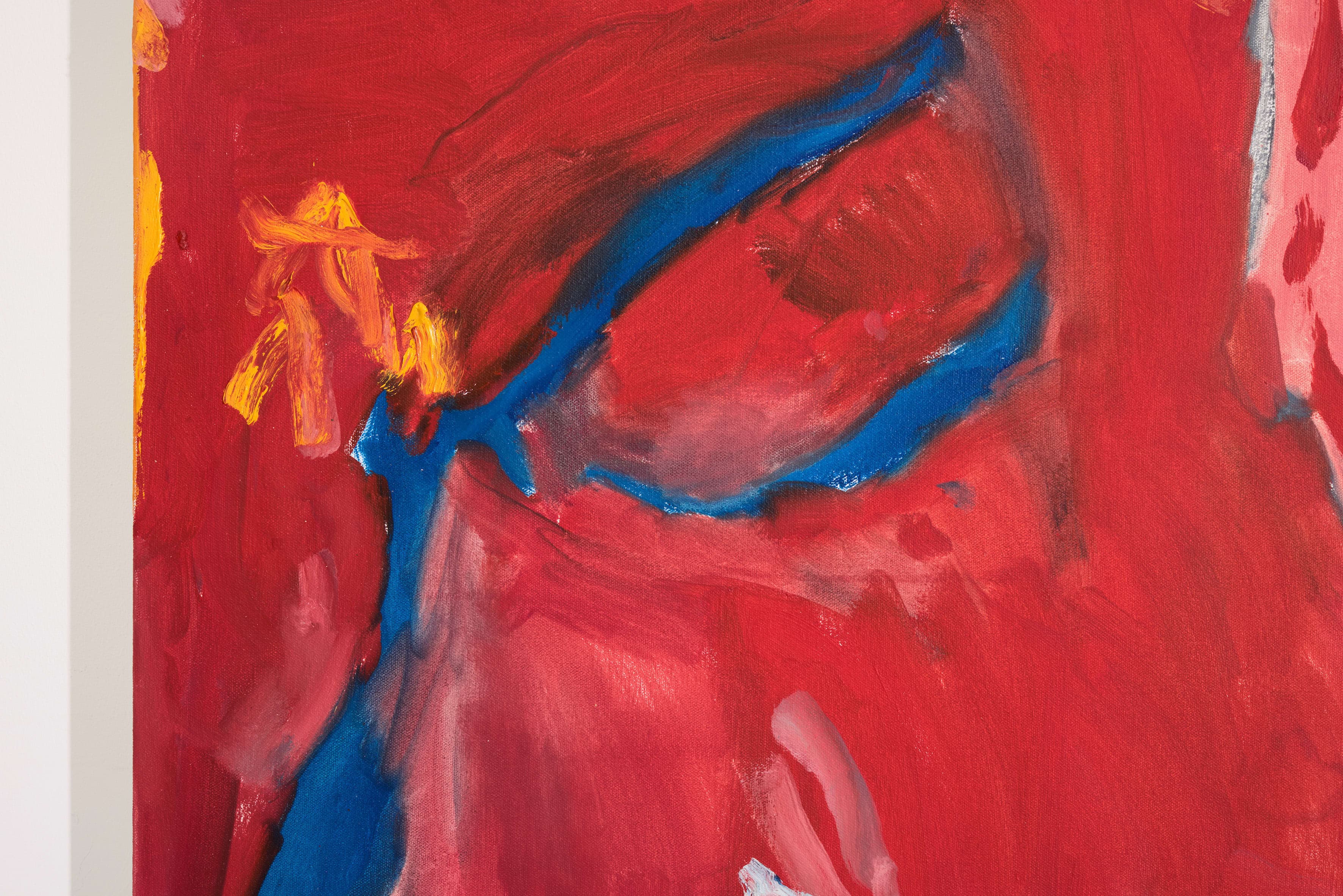 A painting by b chehayeb of blue jeans against an abstract red background