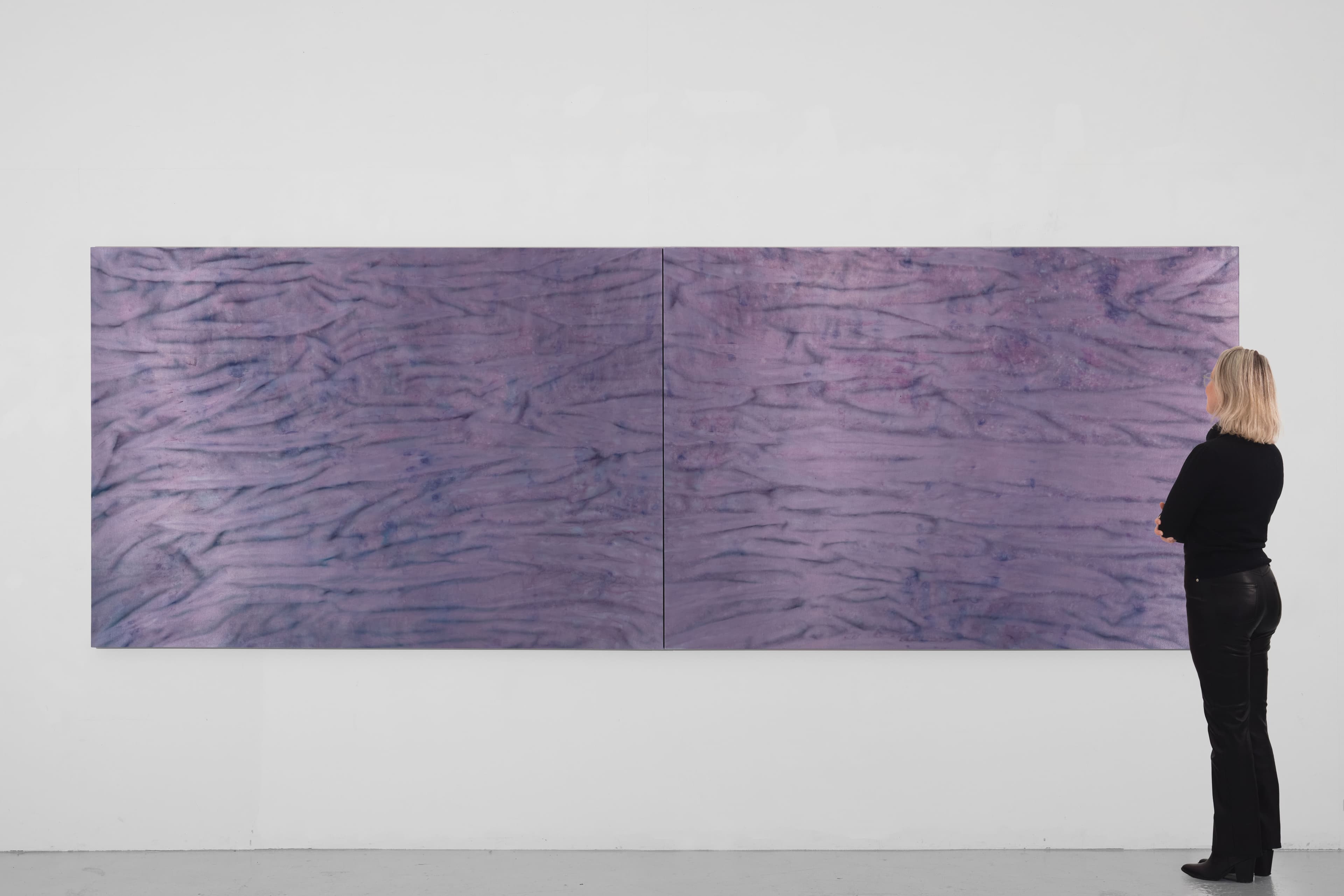 Large diptych painting by Max Boyla. Dark purple horizontal line markings on a lighter purple background.