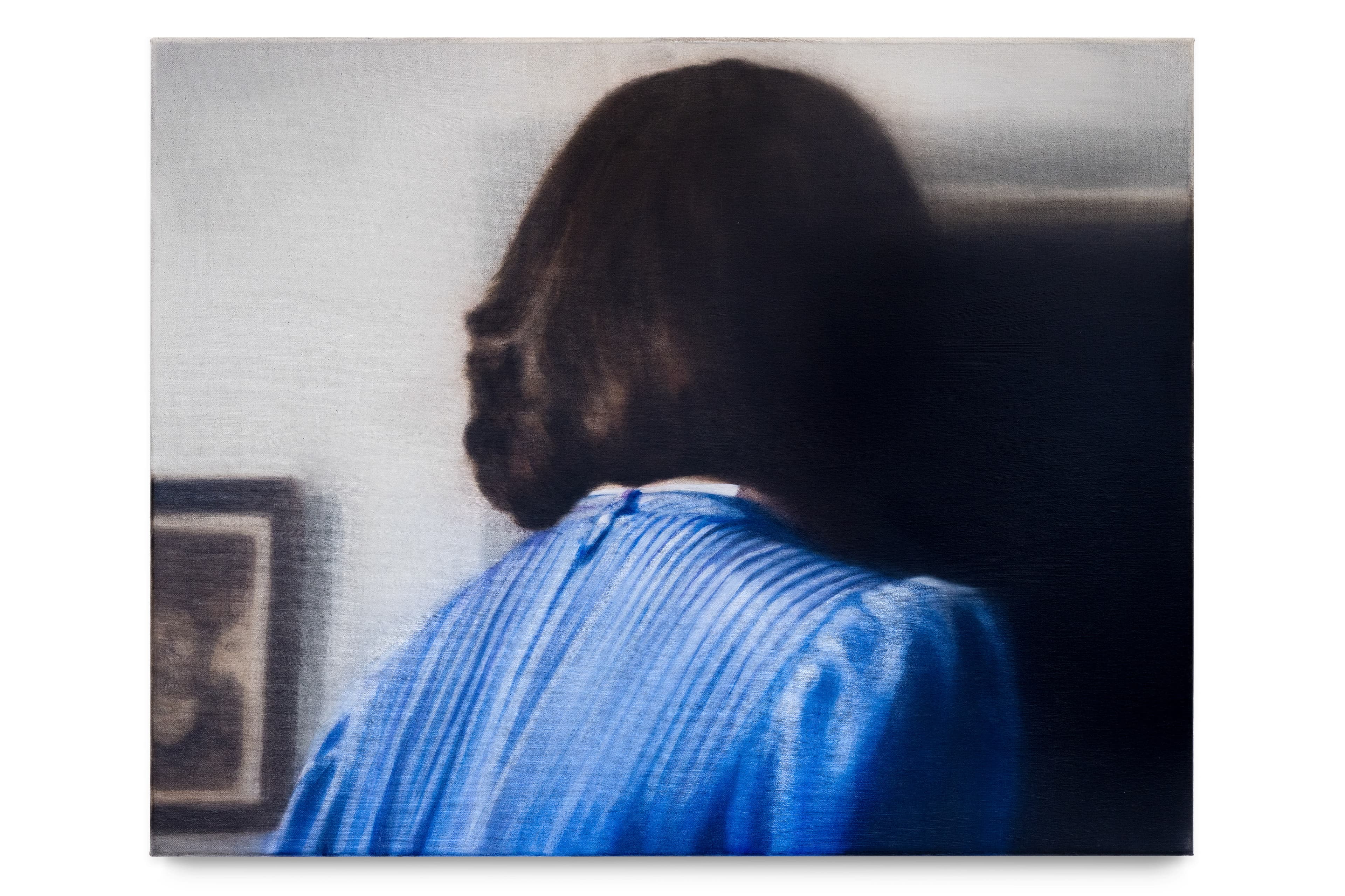 A painting by Rachel Lancaster of a the back of a female, with blue blouse and dark bob. 