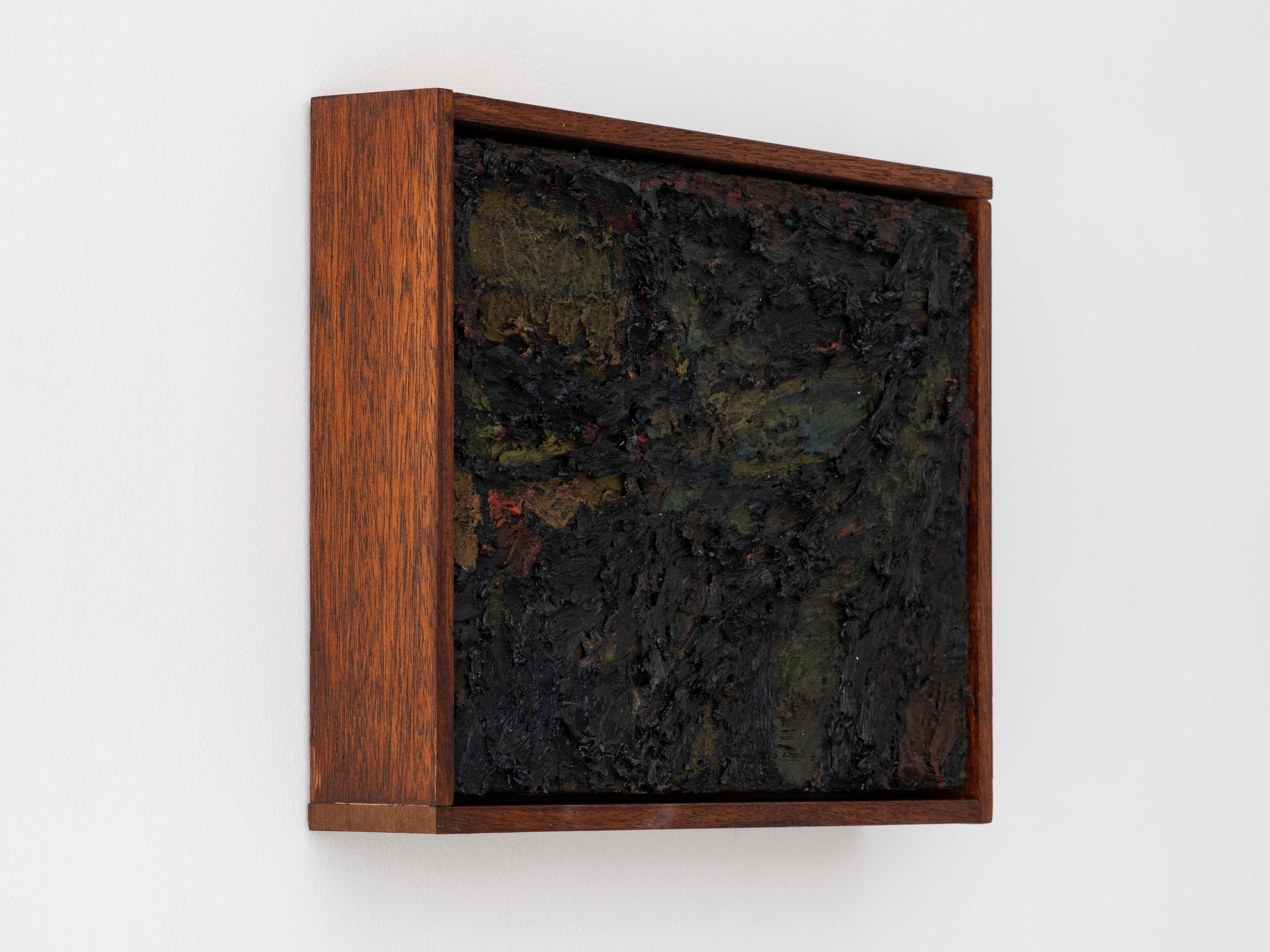 Small acrylic/oil painting by James Collins. Dark green and brown oil paint on canvas, with a textural quality similar to bark from a tree.