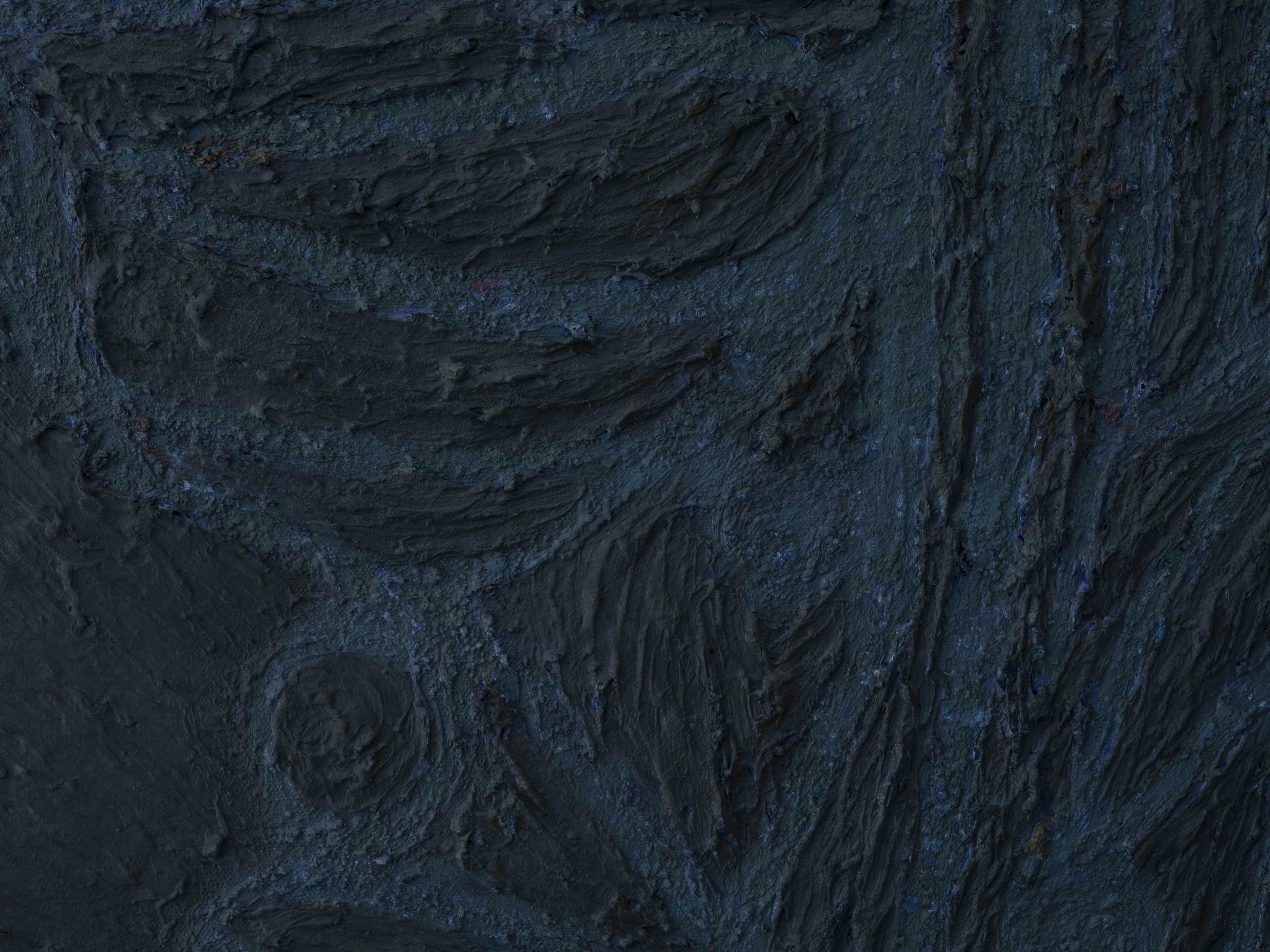 A detail of a dark blue abstract thick impasto painting by James Collins