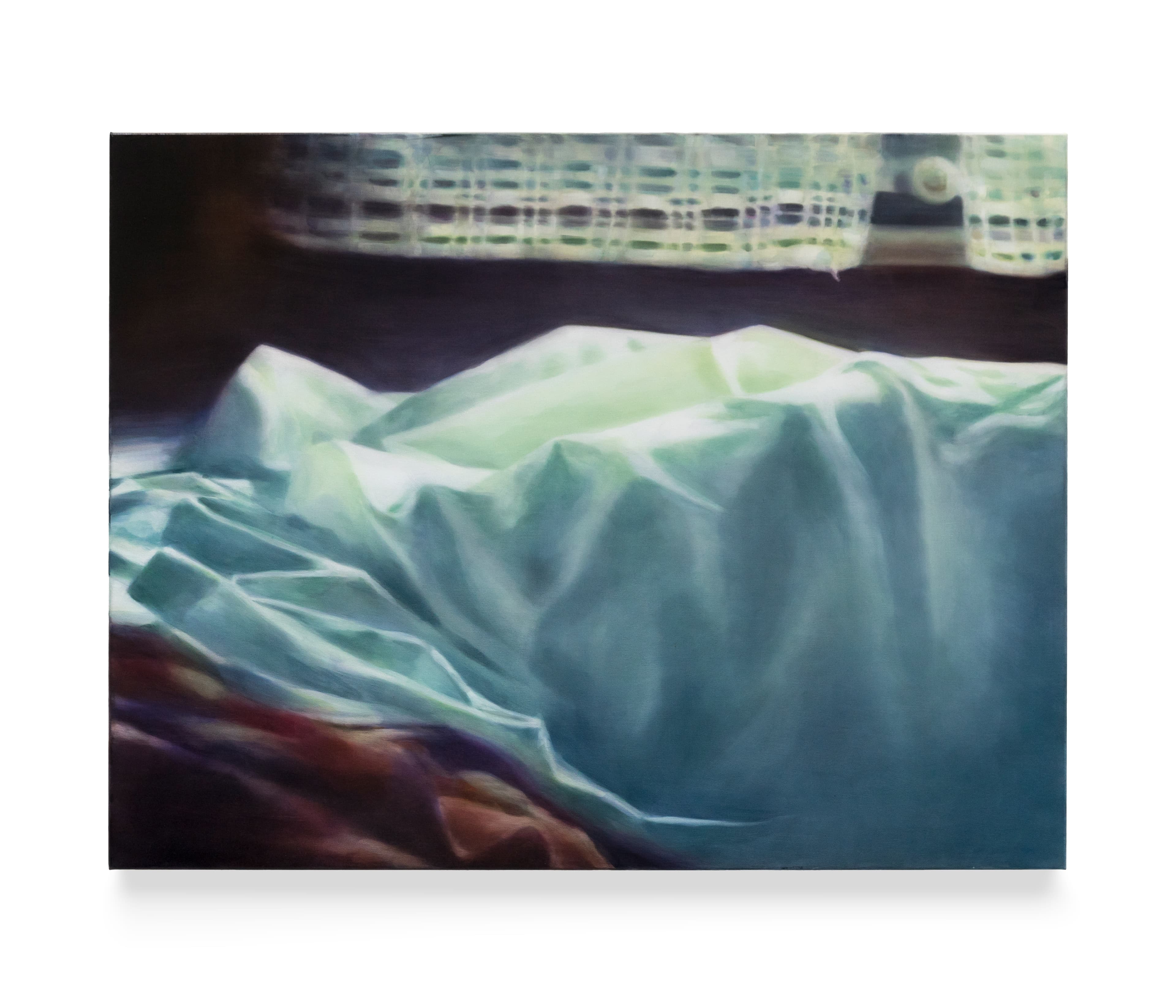 a painting of a white sheet in an interior at night 