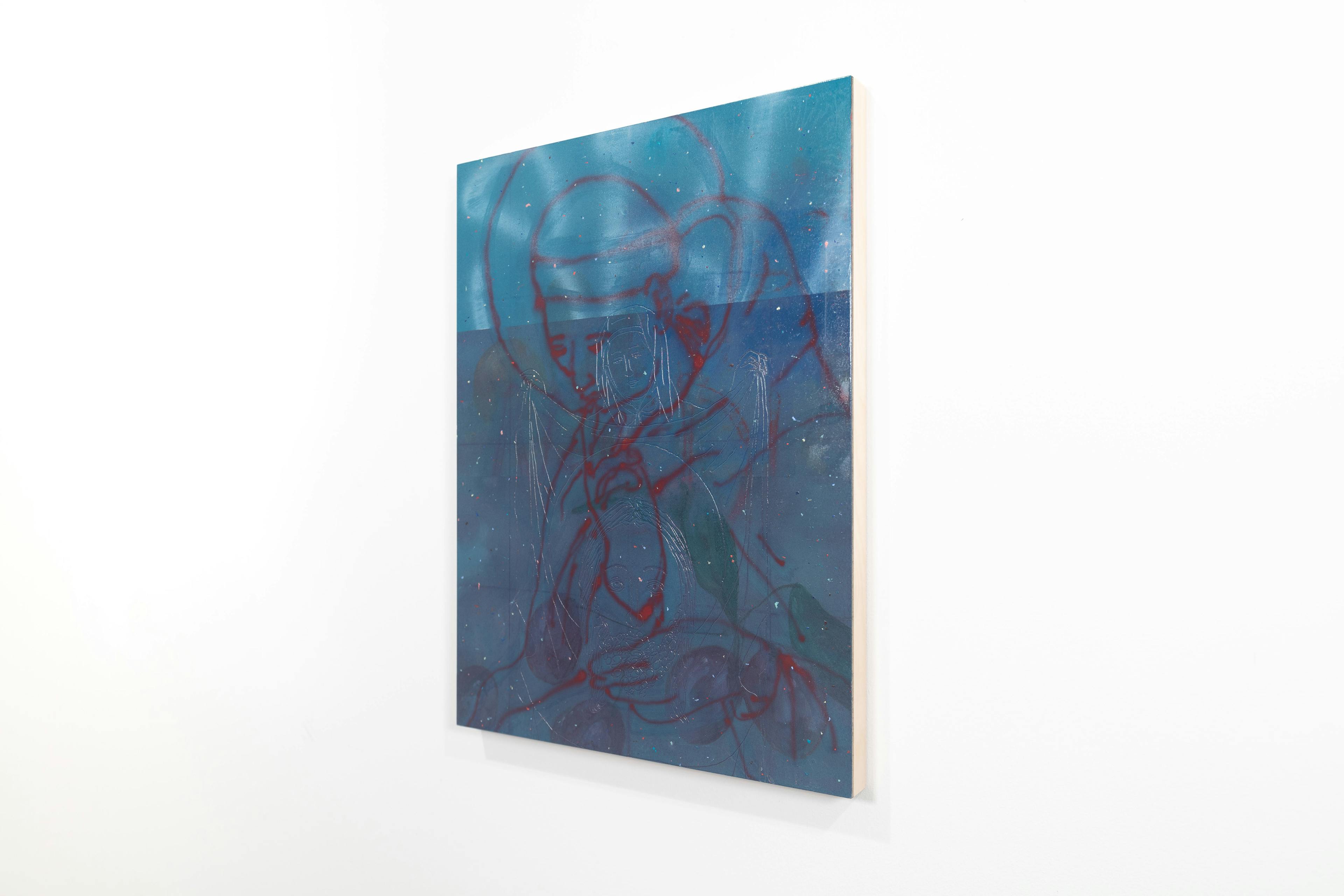 a blue painting by Alistair Woods with a red spray paint image of Saint Domenic over a routed image of Christ