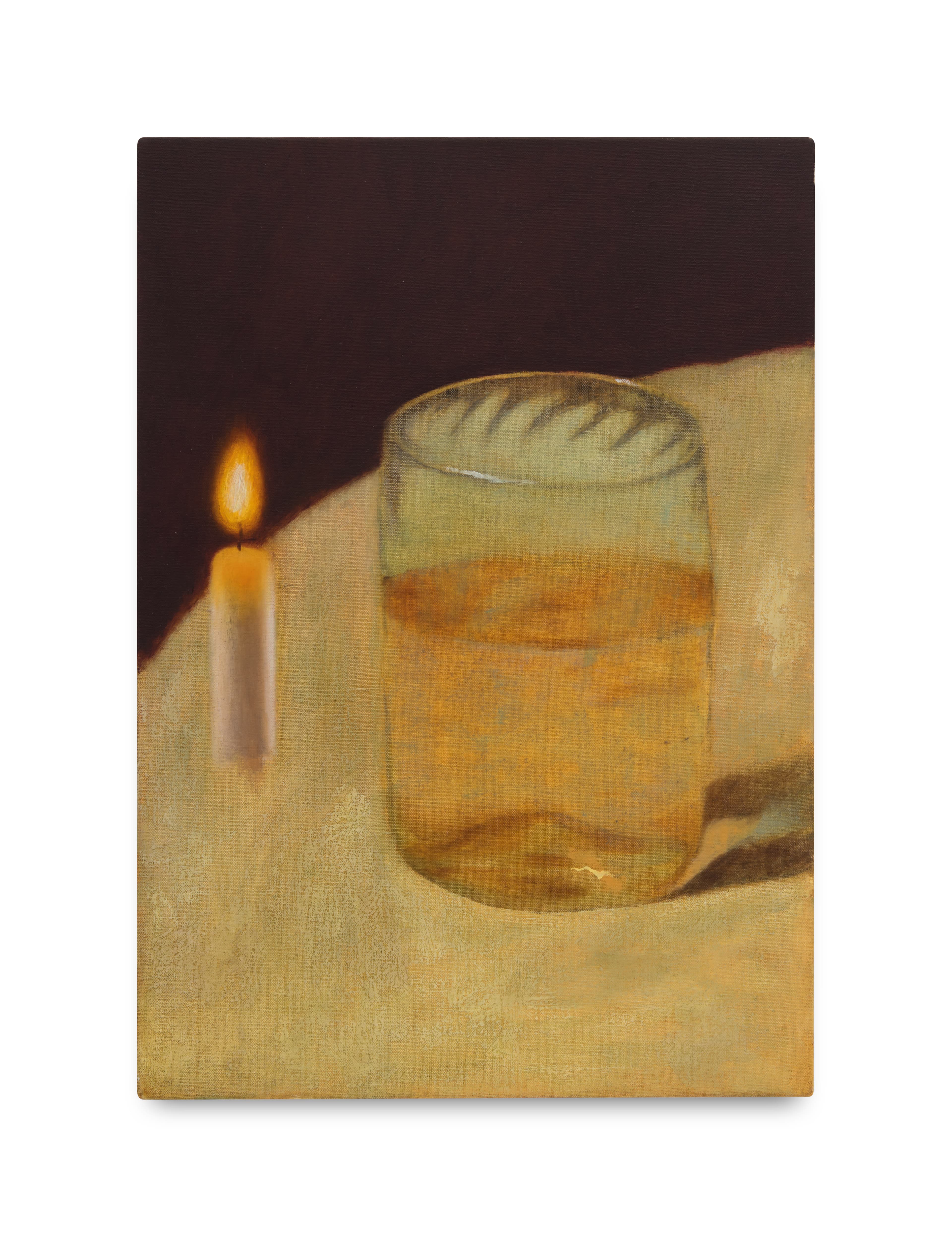 Oil on linen painting of a glass and a candle 