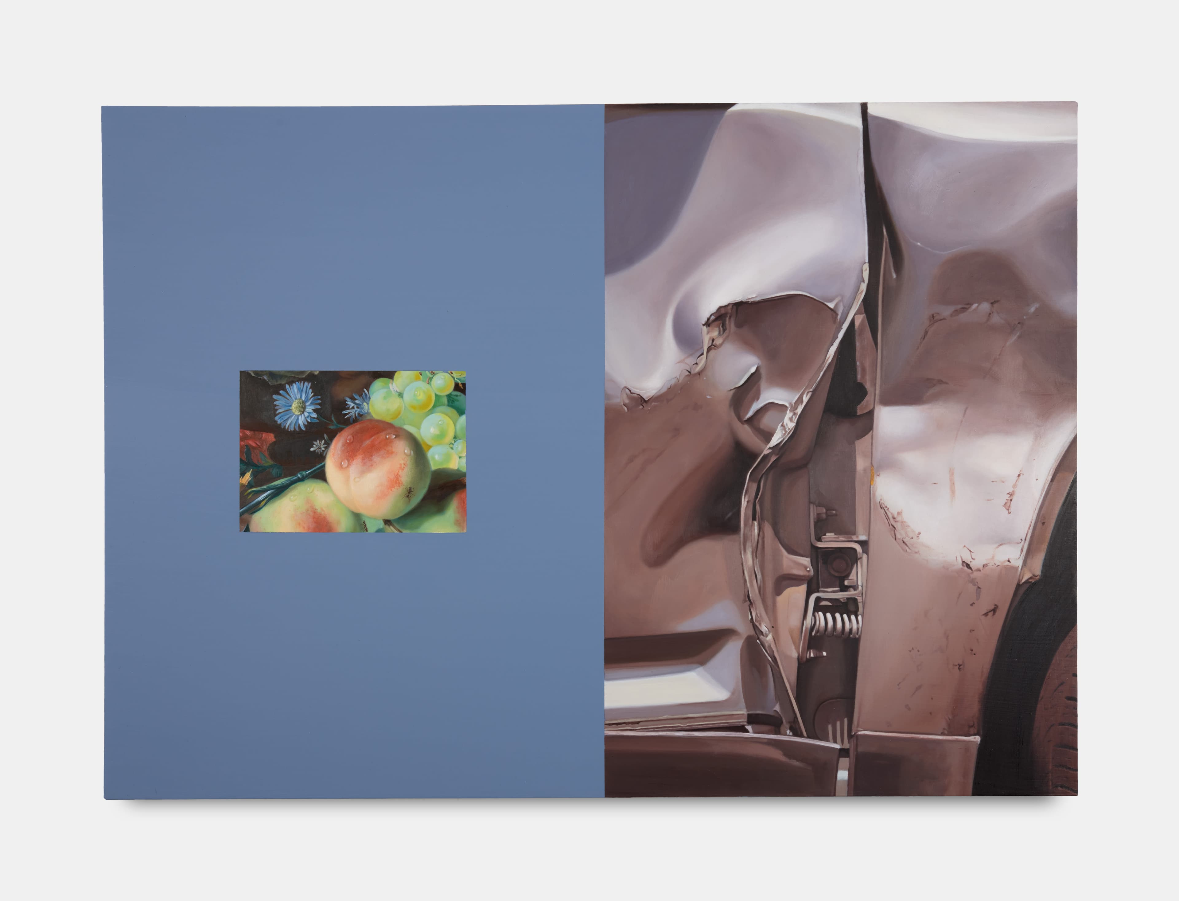 A painting by Meredith Sellers - half of the work is purple with a copy of a Dutch still life painting of fruit, on the other side is a close up painting of a dented car body.  