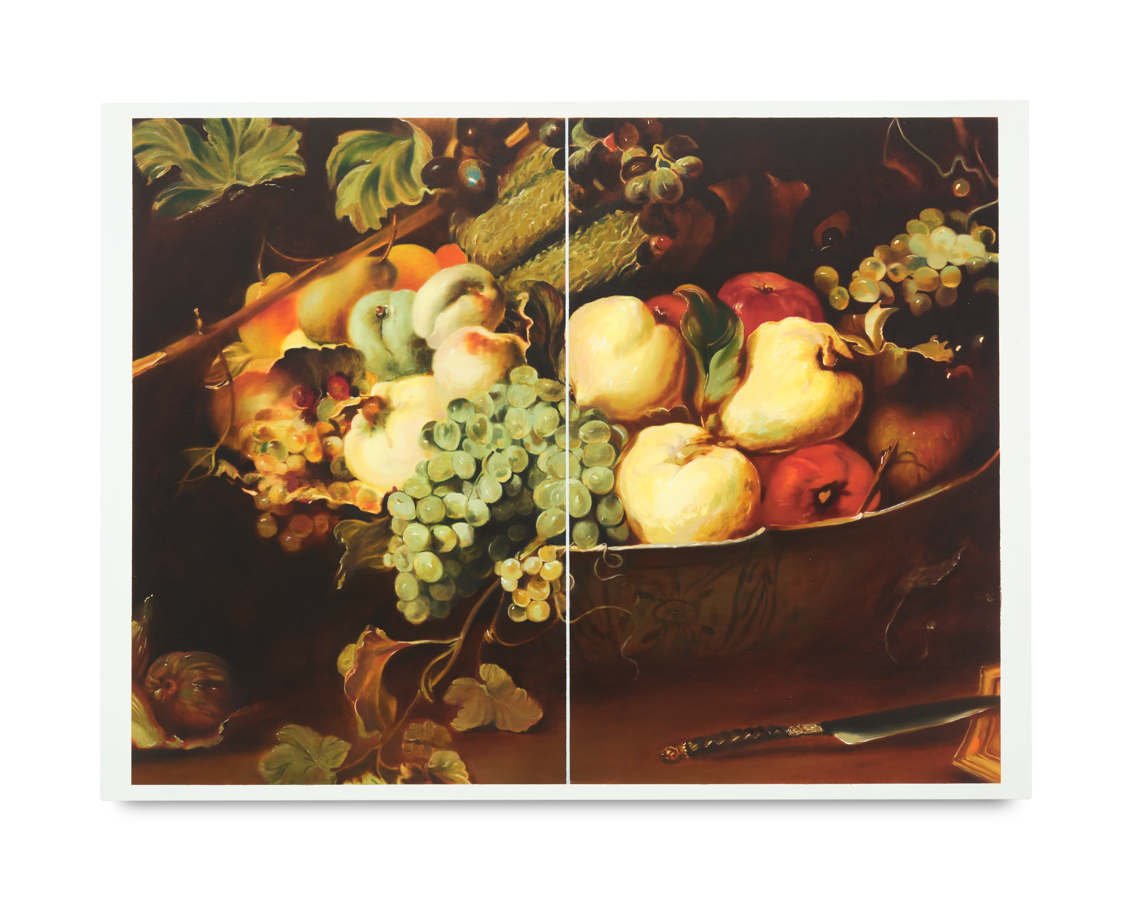 Oil on linen diptych of still-life fruit 