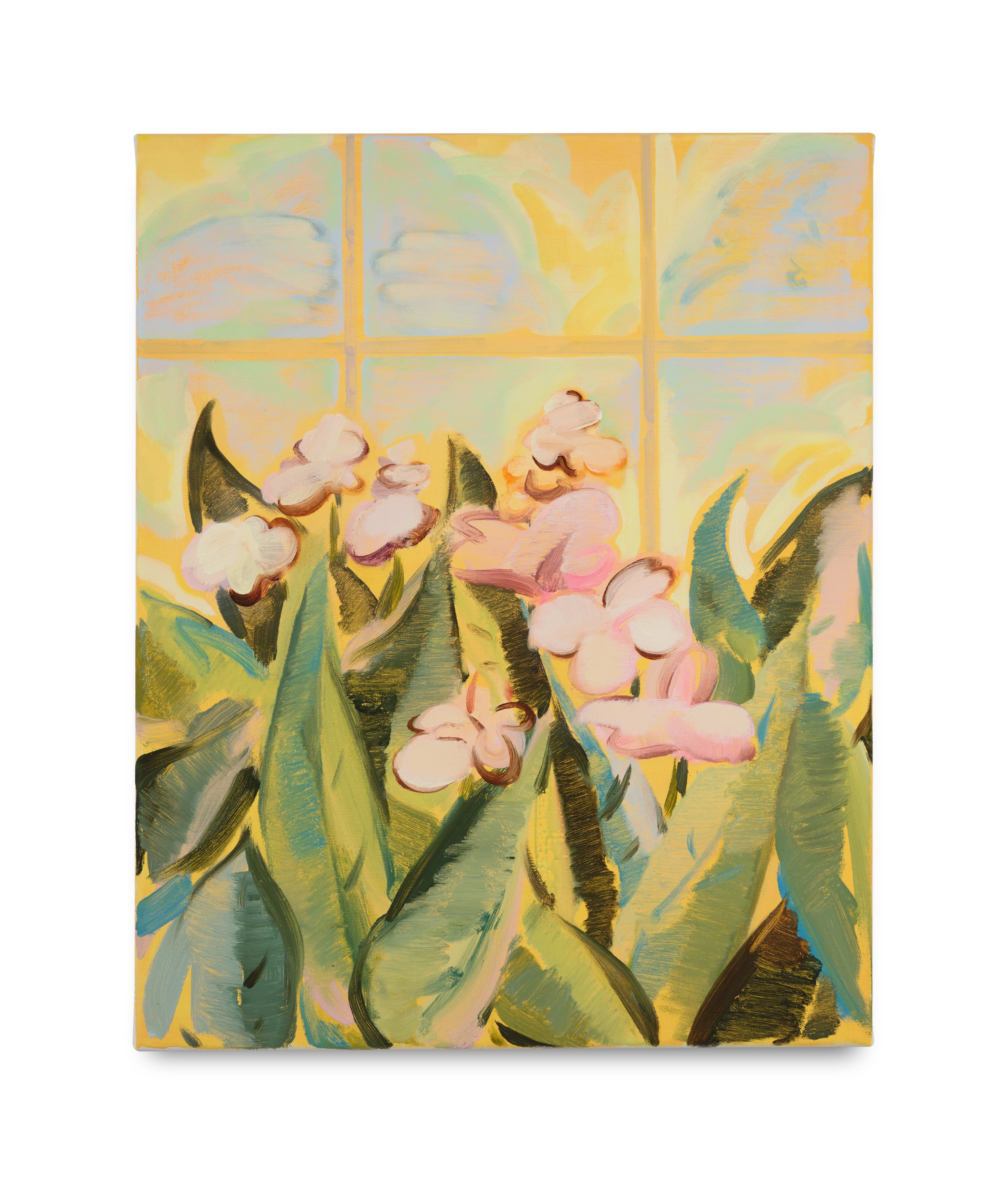 Oil on linen painting of flowers against a window setting. 