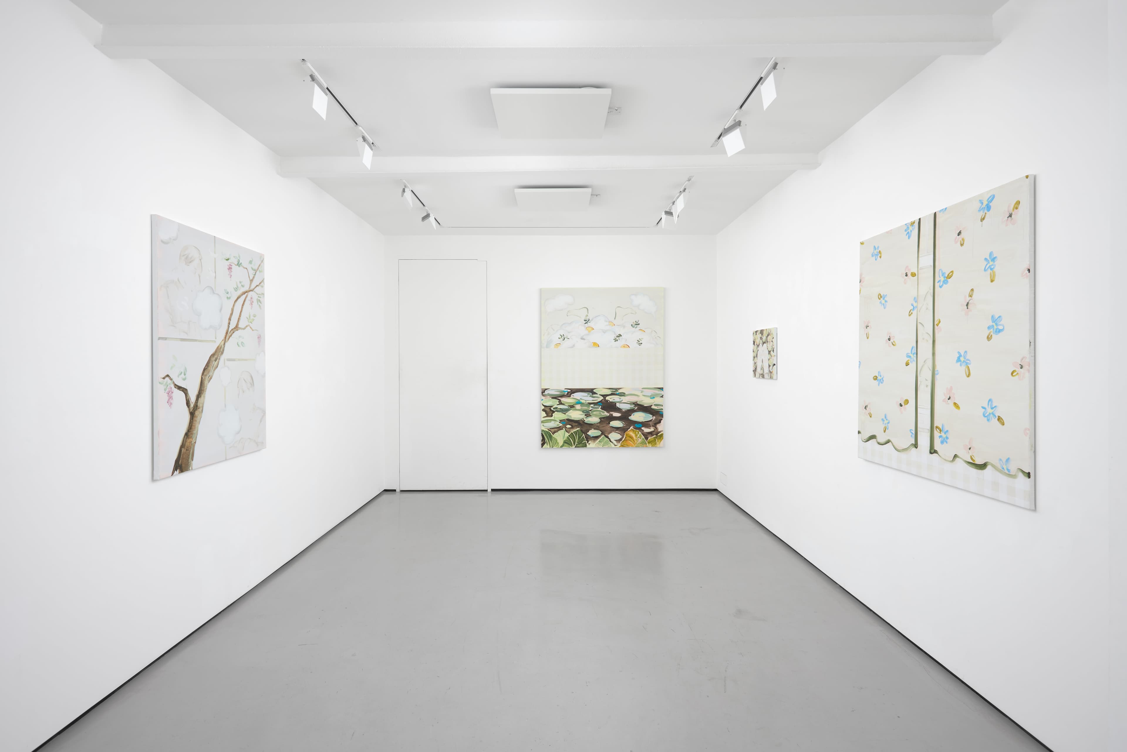 Sooim Jeong's paintings for her exhibition 'Summer Remains' presented in the minimal white walled and grey floored basement space of Workplace, 50 Mortimer Street