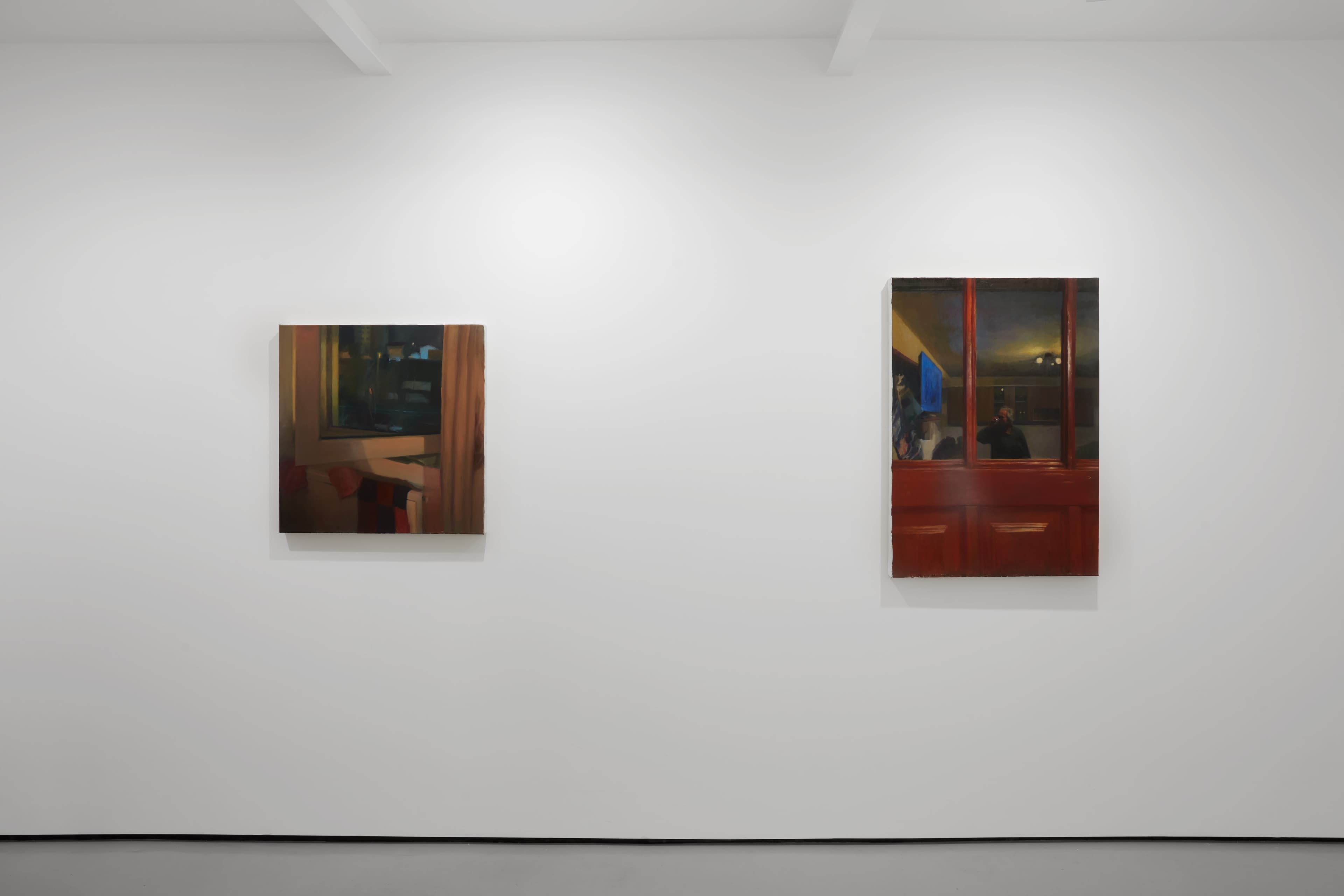 Installation shots of Cristian Avram's exhibition 'Lapse' at Workplace in London. An exhibition of oil paintings in a minimal white gallery space. 