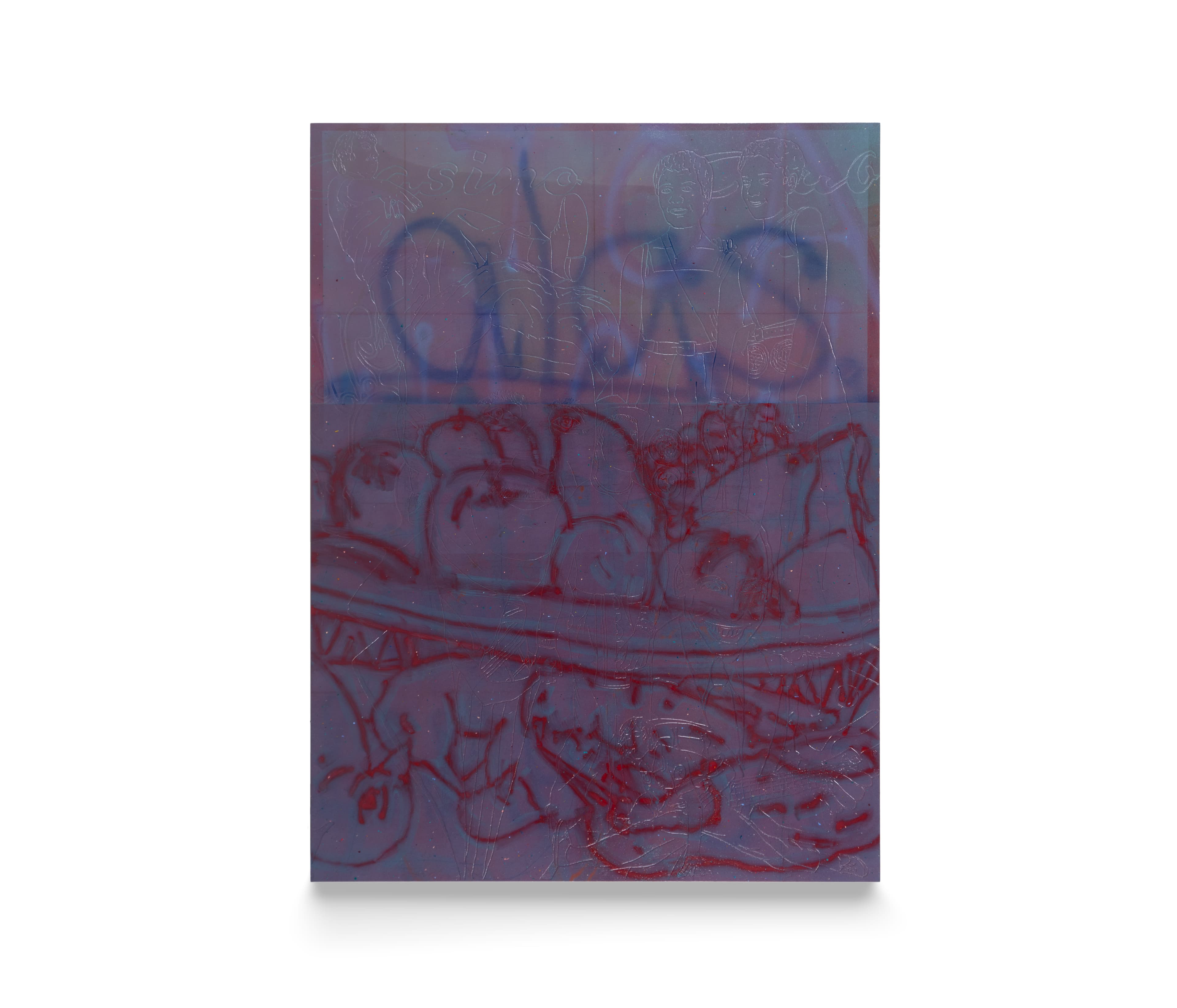 painting by Alistair Woods on board, a spray painted outline of a bowl of fruit with dead birds beneath, with the work 'alas' in blue above it. Underneath this are routed images from contemporary life. 