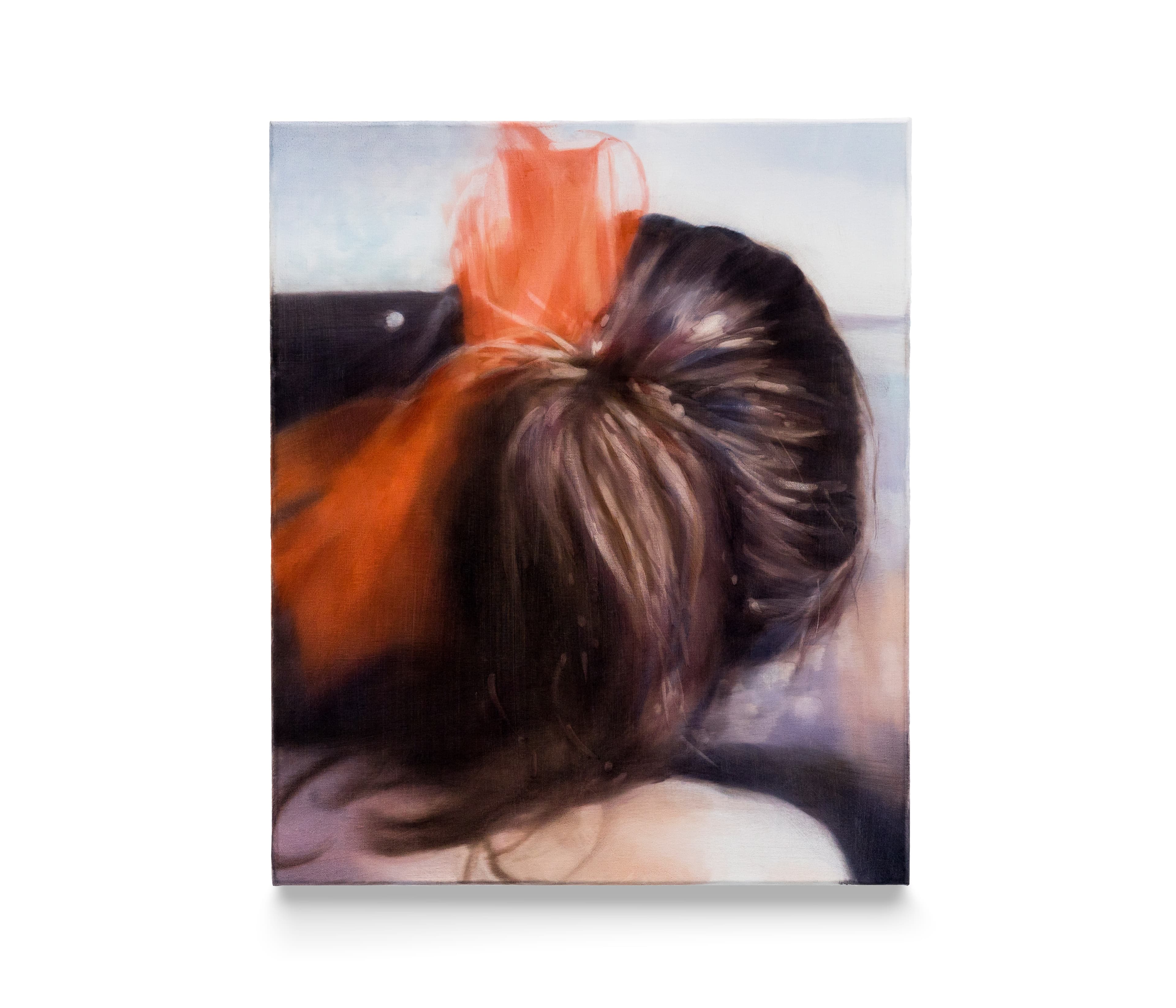 A painting of a ponytail tied with a bright red bow