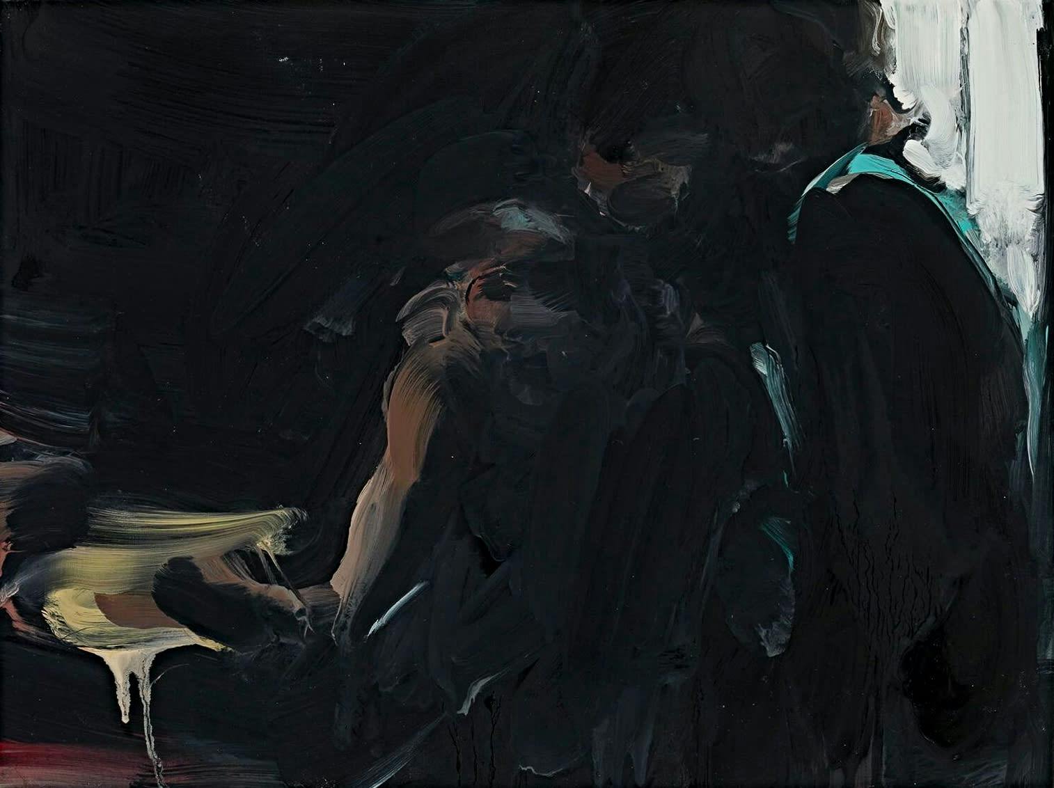 A painting by Laura Lancaster of two figures in a darkened room, one appears to be holding a flame or torch 