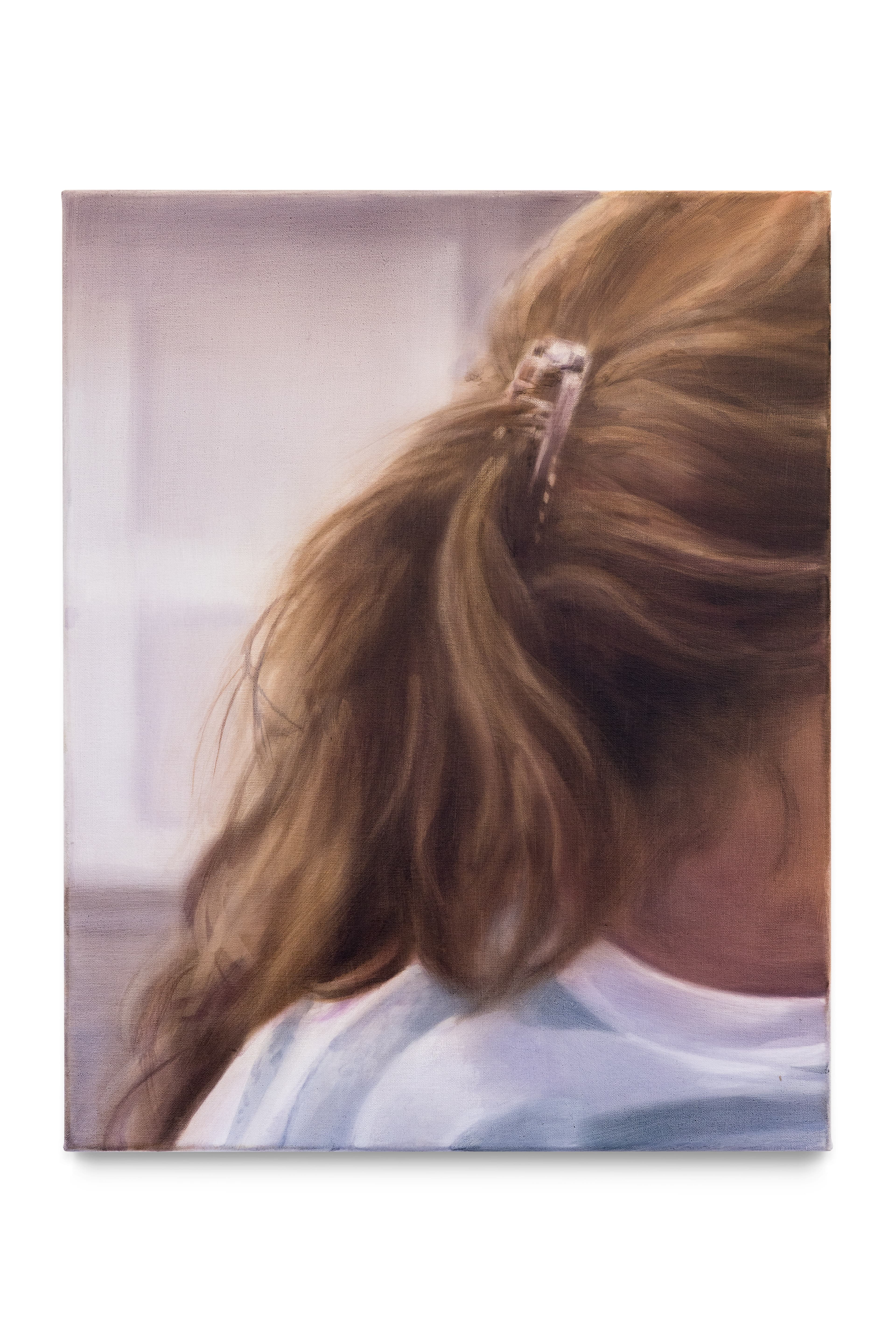 A painting by Rachel Lancaster of a ponytail held in place by a banana clip