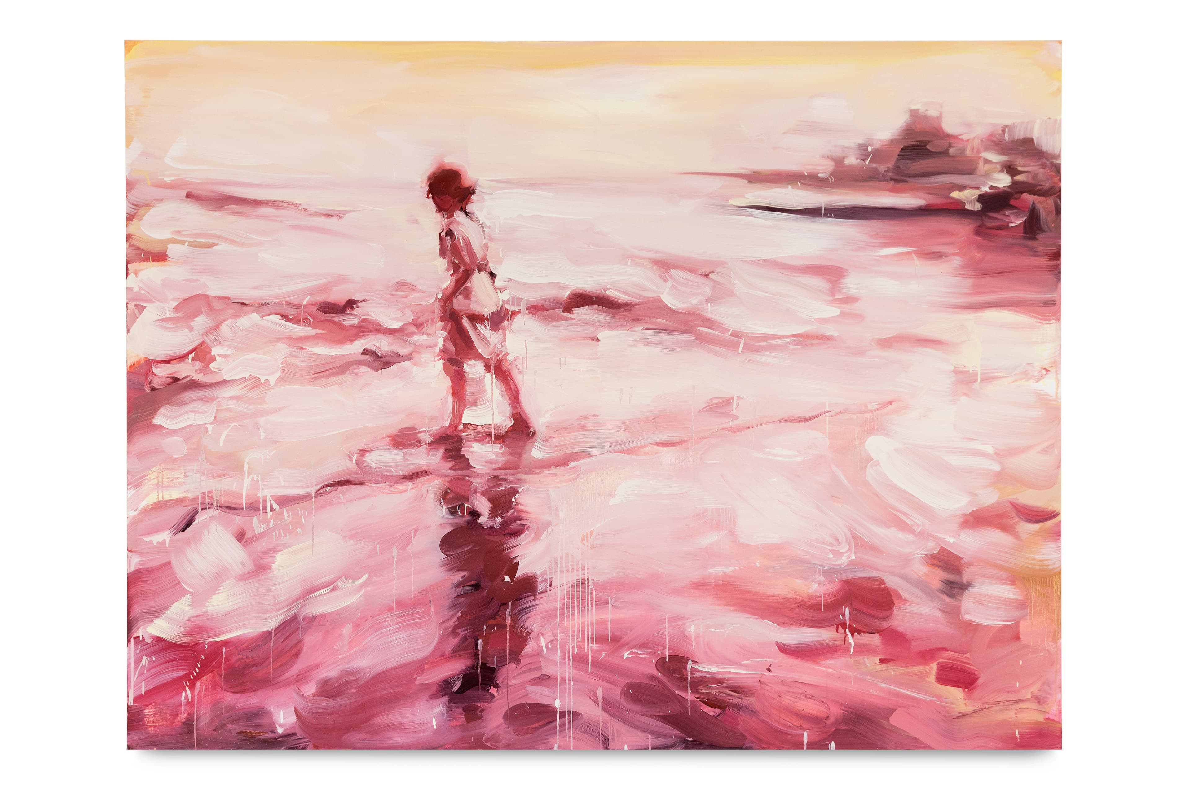 A loosely painted landscape painting by Laura Lancaster - a woman walks to the left across wet sand towards the sea, the coastline is visible in the top right hand corner. The scene is bathed in vibrant pinks and yellowshed  