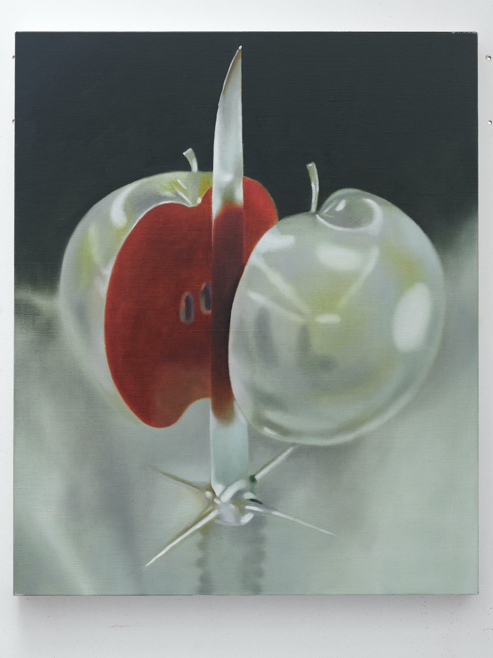 A painting by Robin Megannity of a silver metallic apple with a red core being cut half by a silver knife