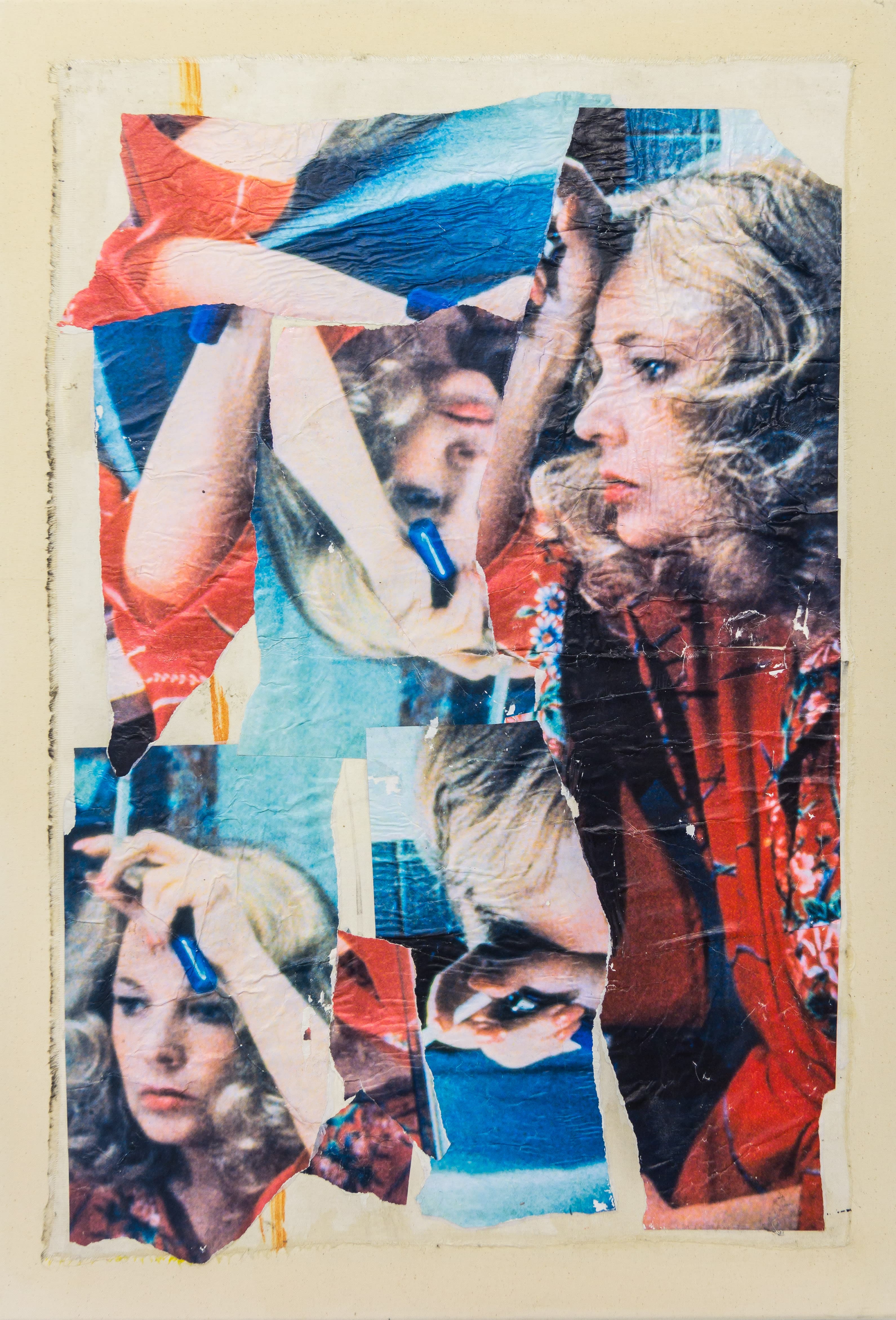 A brightly coloured collaged painting of film stills from the thriller Gloria (1980 directed by John Cassavetes) of actor Gena Rowlands gazing into the middle distance in-front of a mirror, by Hugo Canoilas