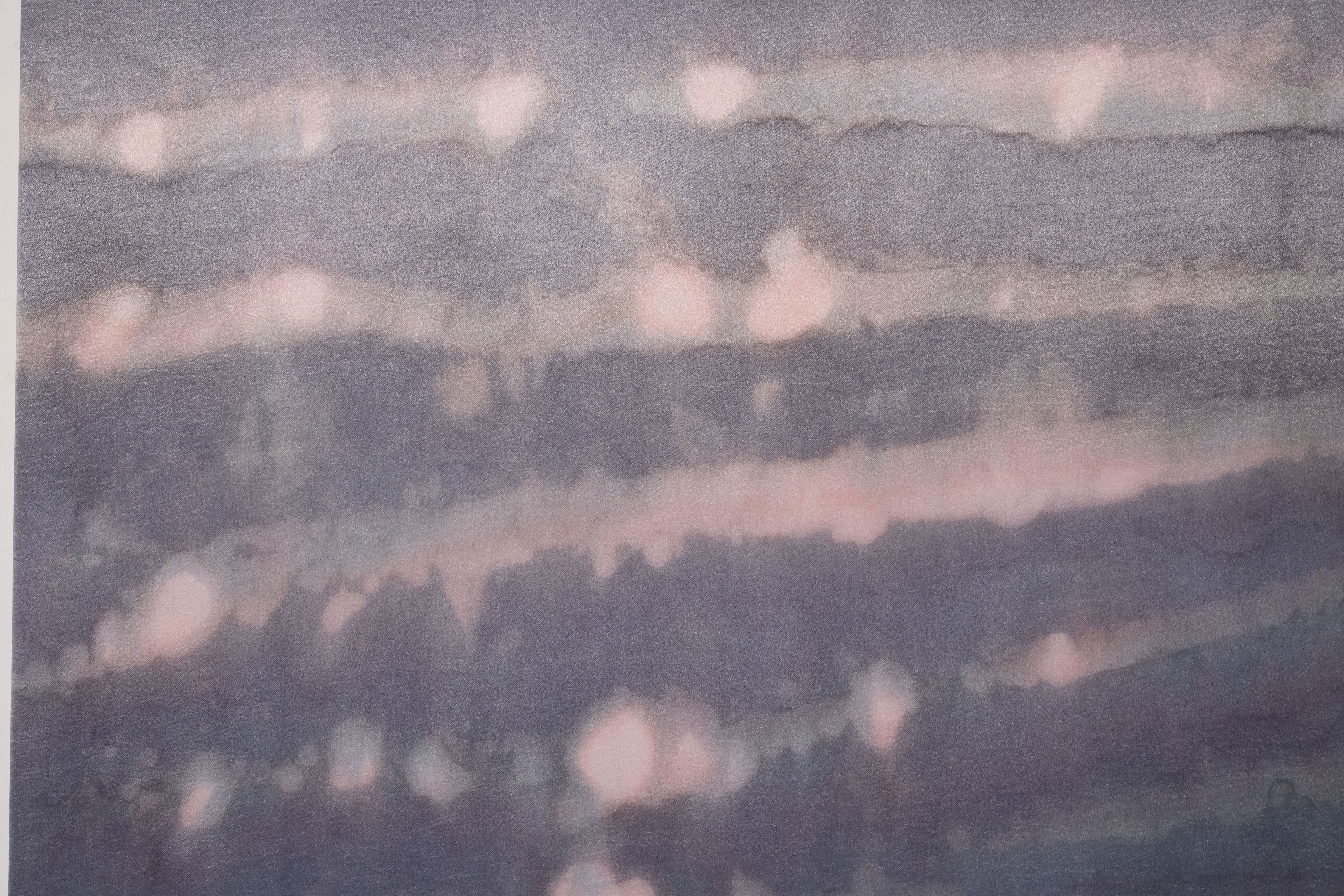 A large painting by Max Boyla. Dark purple background with a light bleached white and pink spot on the bottom of the canvas and lighter peach coloured markings on the top.