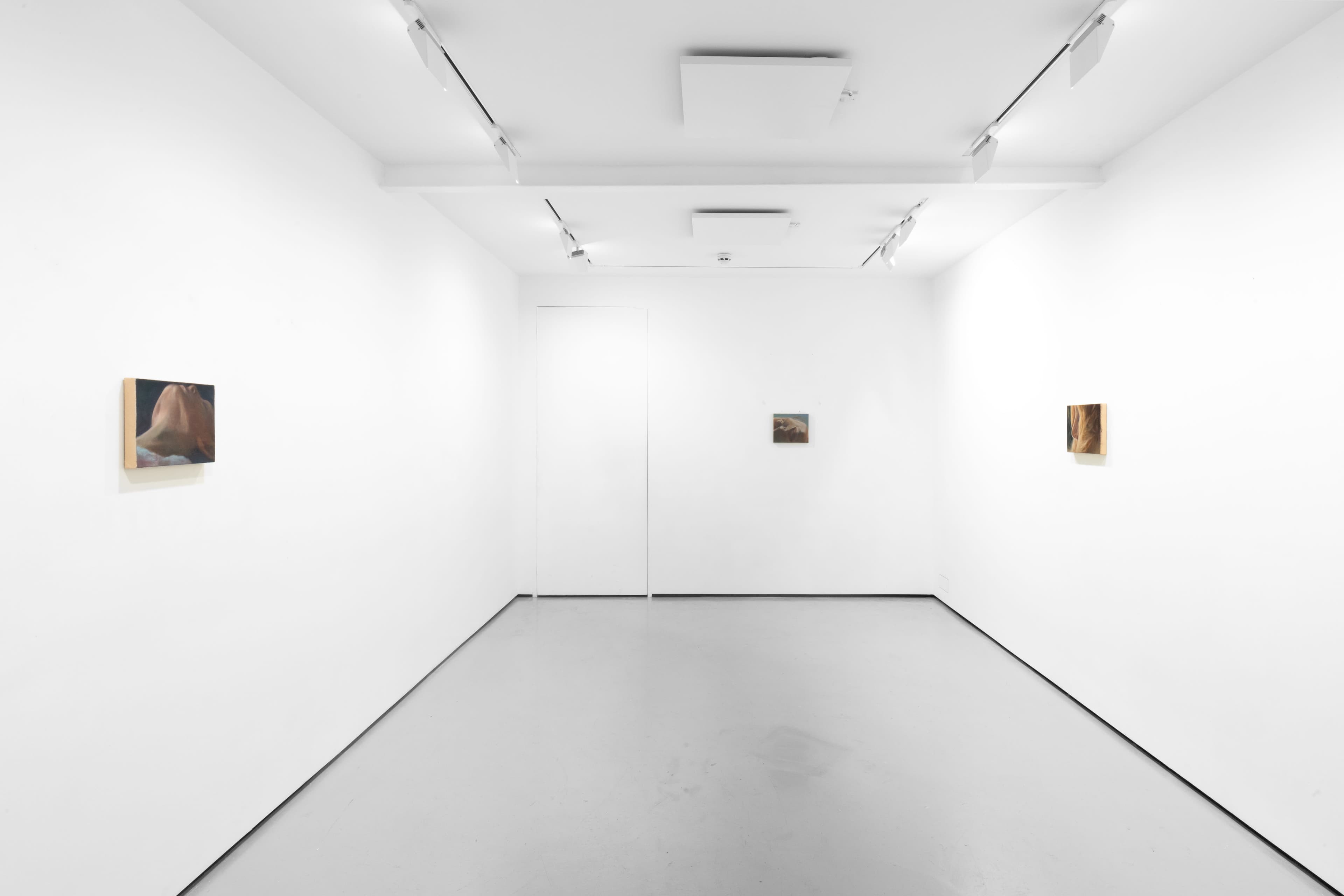 An installation view of Pei Wang's solo exhibition including several dark figurative paintings