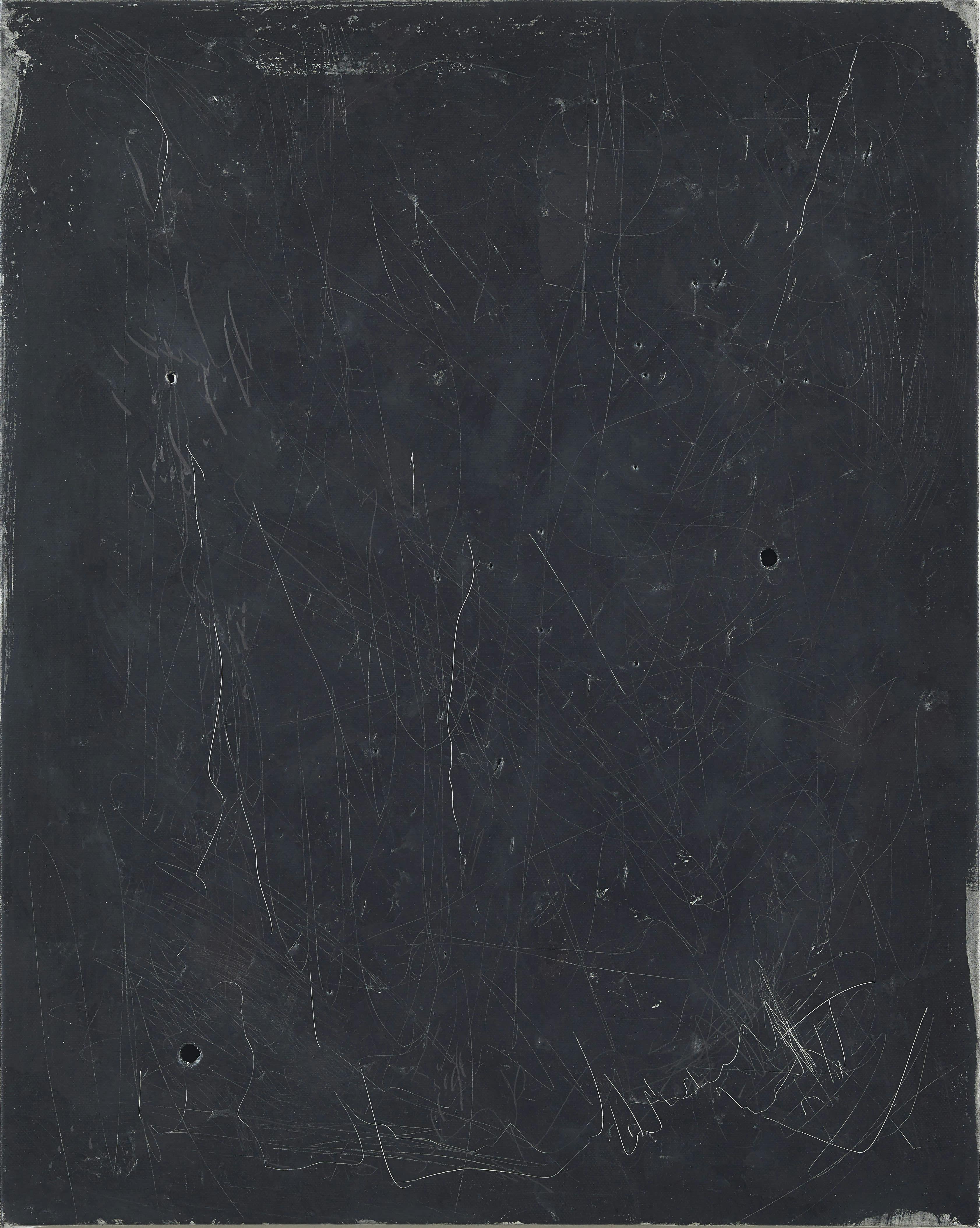 a painting by Jennifer Douglas. Black oxidised metals are scratched and punctured, 