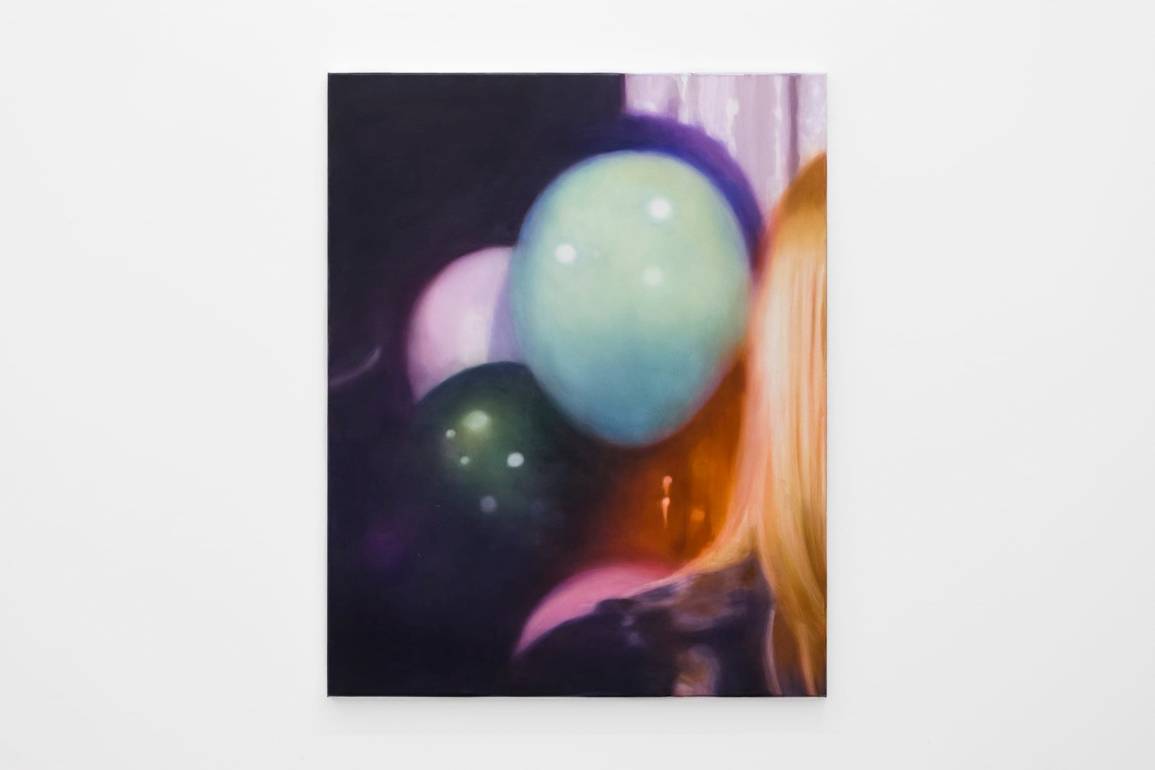 oil painting of the back of a head and some balloons by Rachel Lancaster