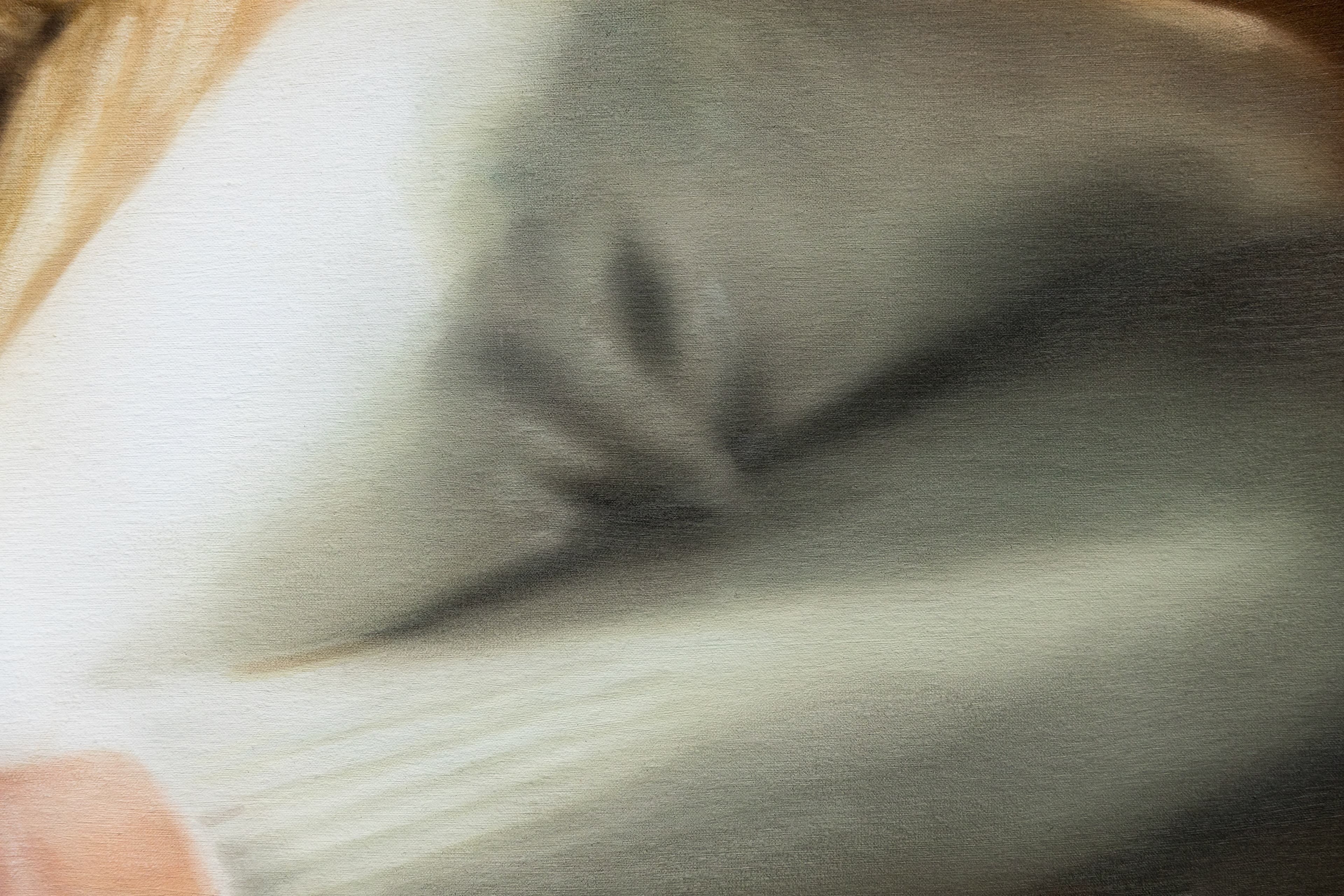 a painting of a woman taking off a jumper with folder arms in front of her face