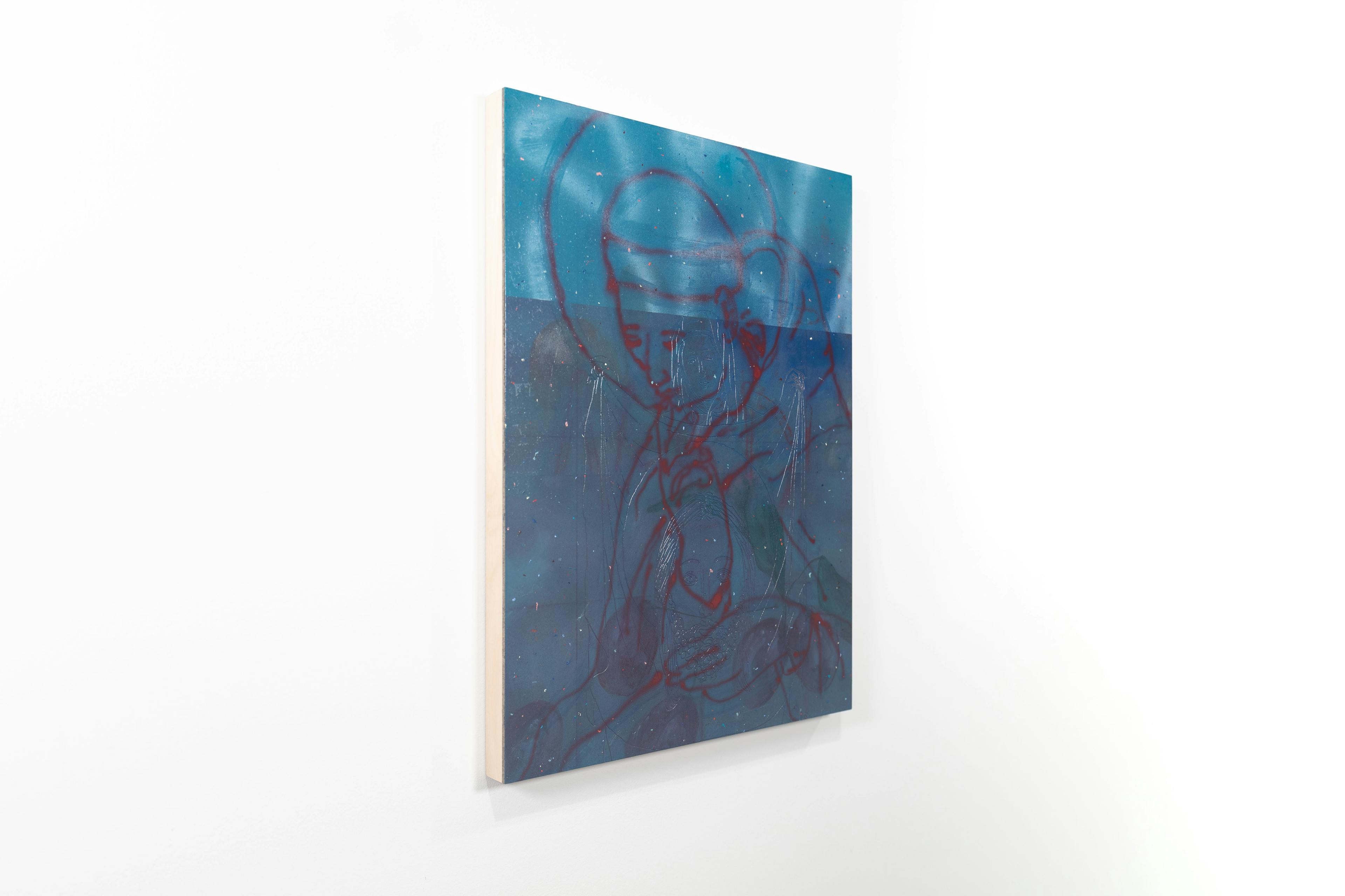 a blue painting by Alistair Woods with a red spray paint image of Saint Domenic over a routed image of Christ