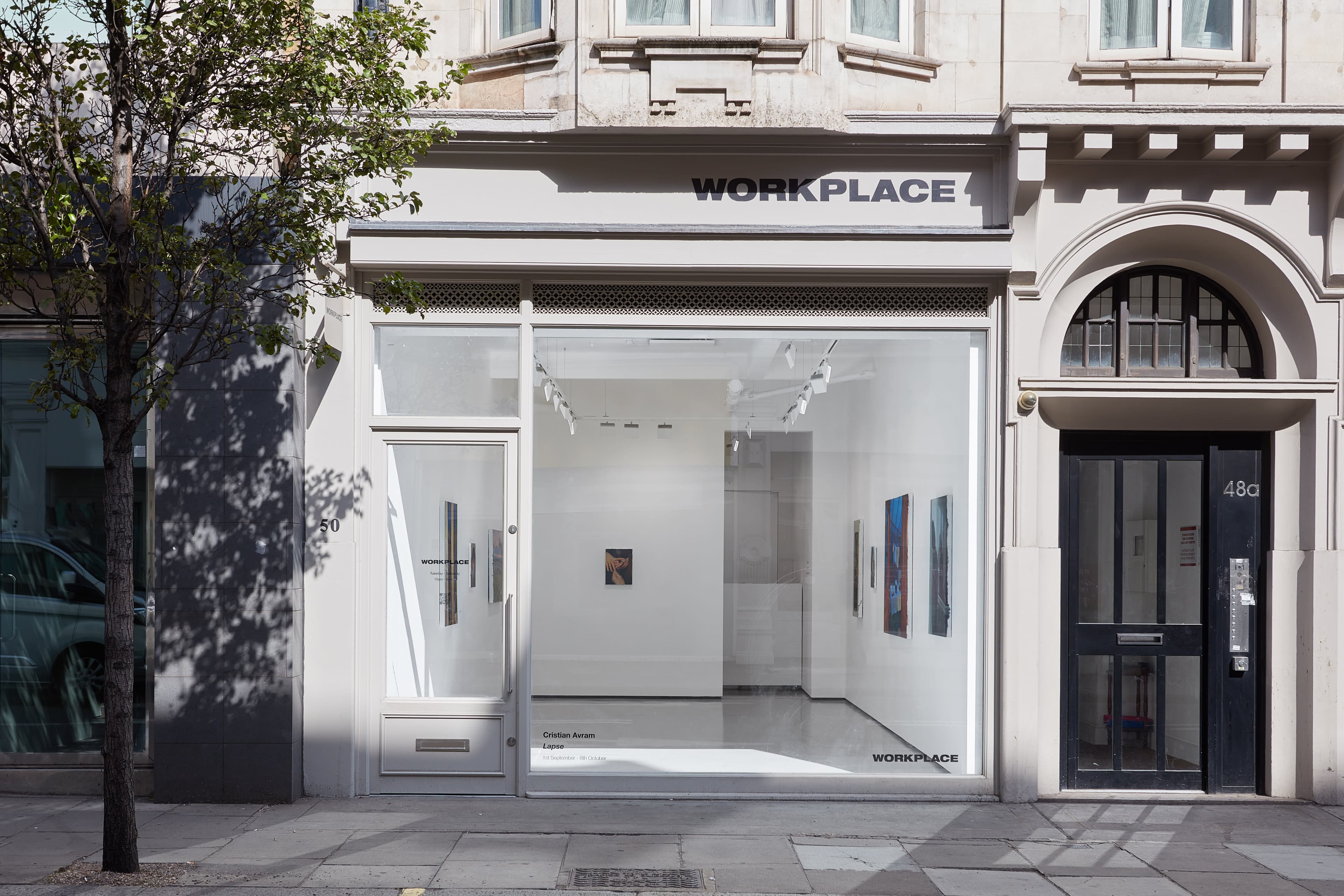 Installation shots of Cristian Avram's exhibition 'Lapse' at Workplace in London. An exhibition of oil paintings in a minimal white gallery space. 